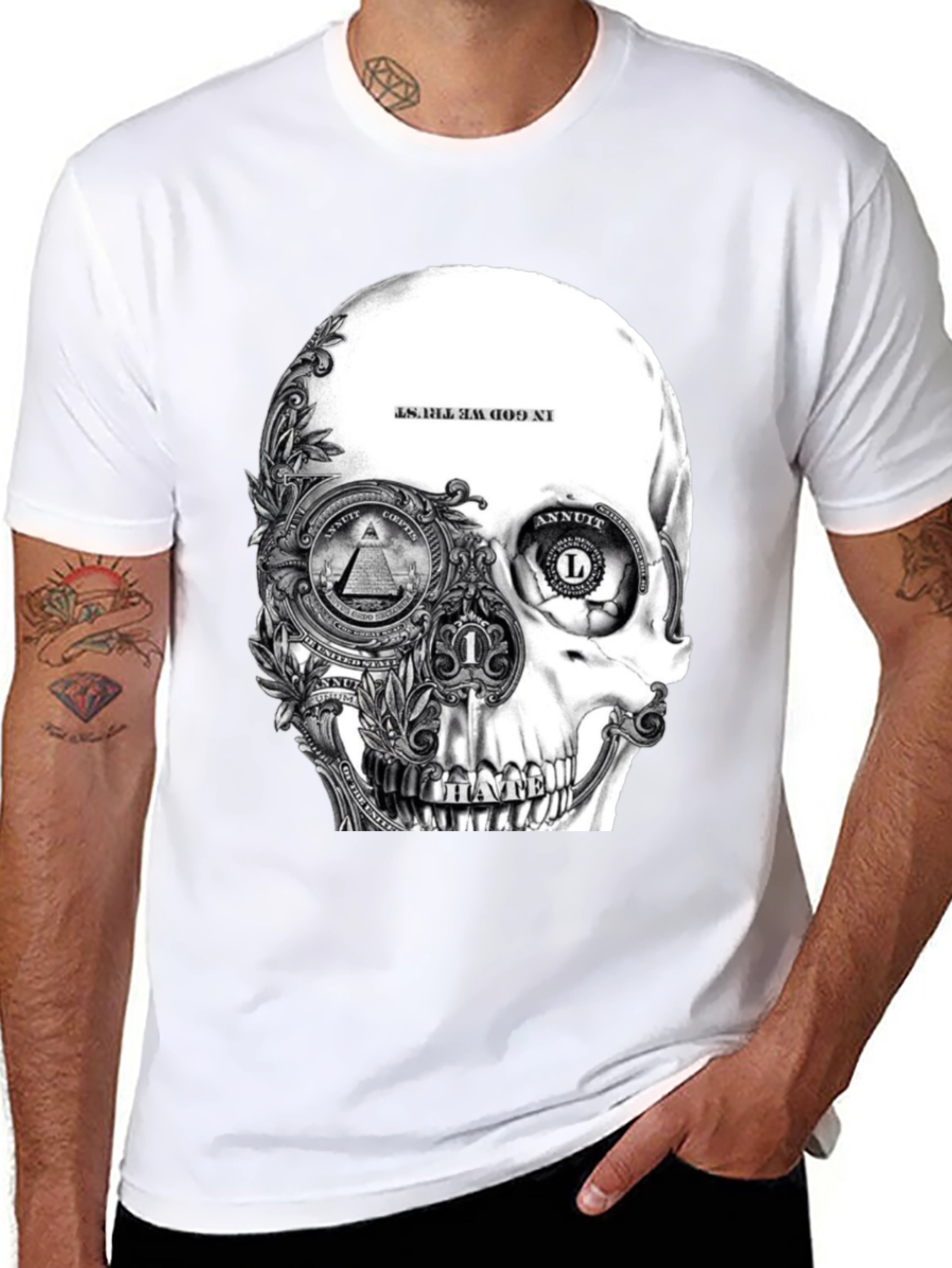 Skull & Money Graphic Print T-Shirt - Black