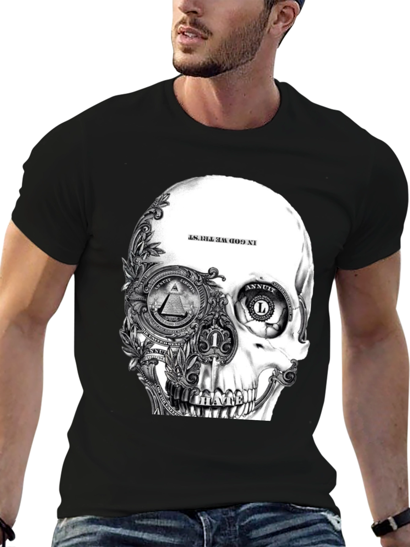 Skull & Money Graphic Print T-Shirt - Black