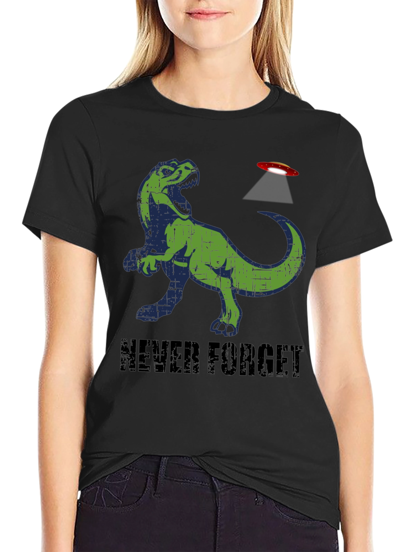 Never Forget T-Rex Alien Abduction Graphic Tee
