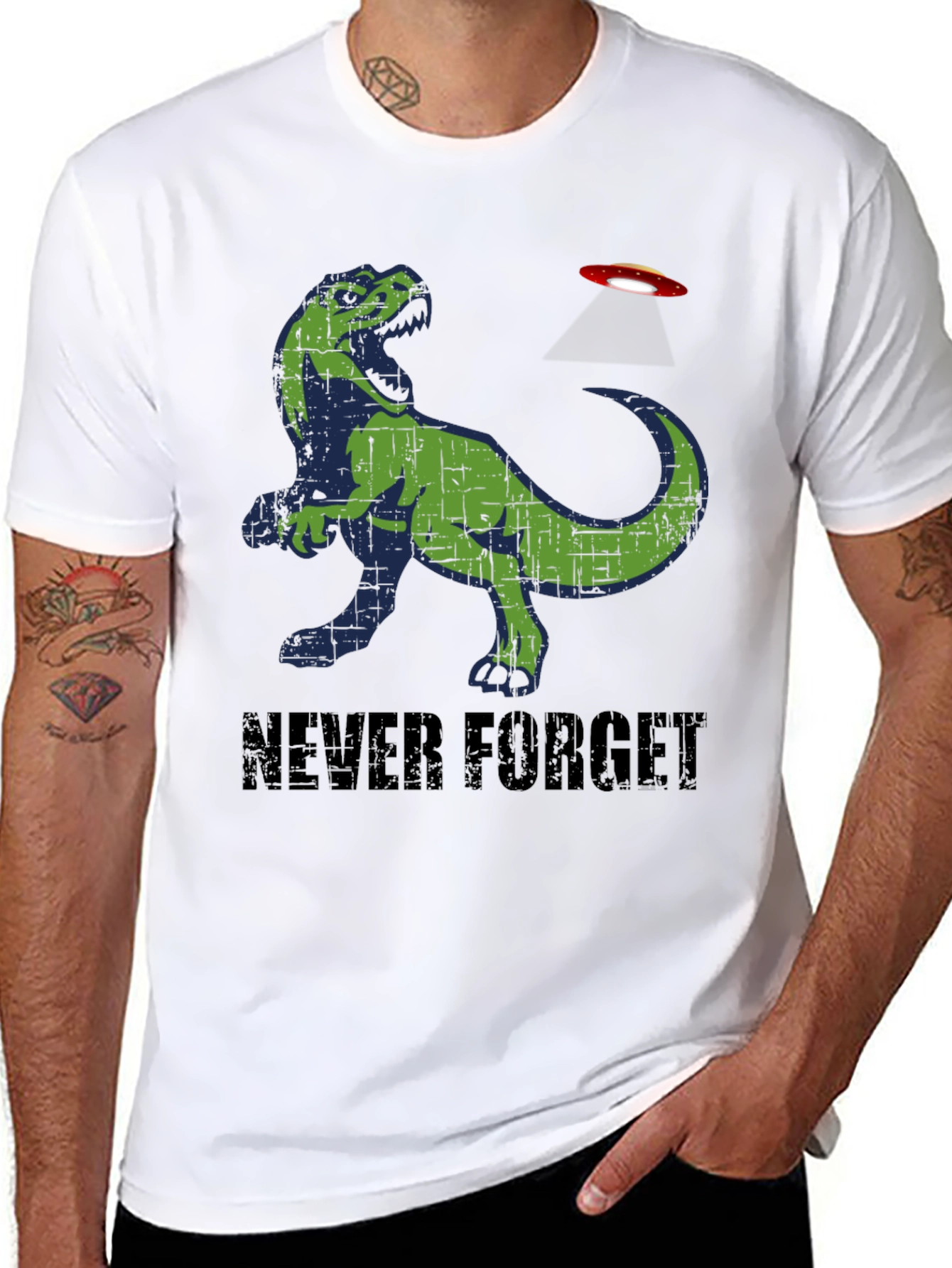 Never Forget T-Rex Alien Abduction Graphic Tee