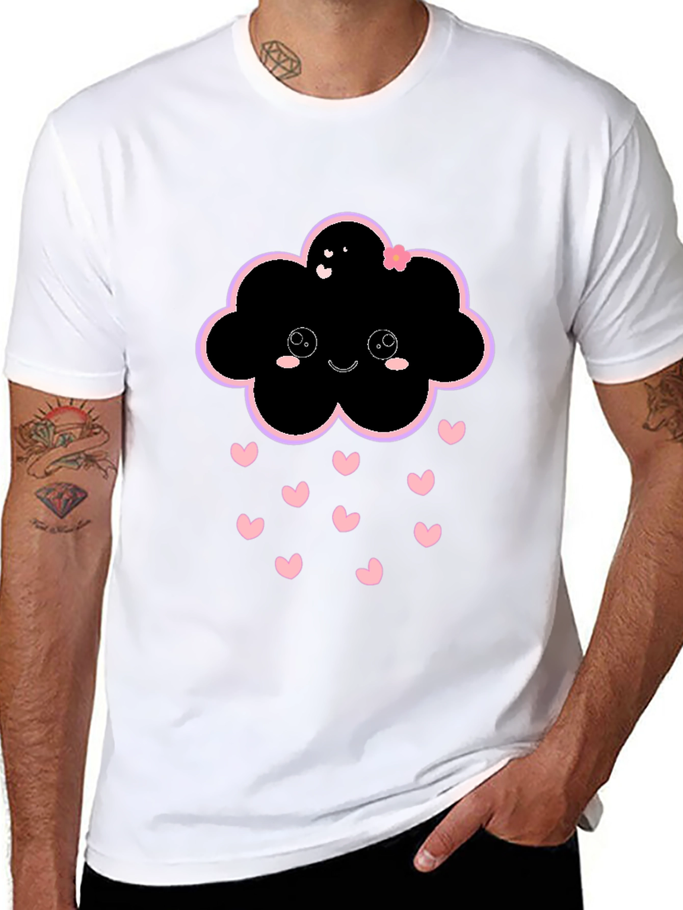 Kawaii Cloud Heart Rain Black T-Shirt