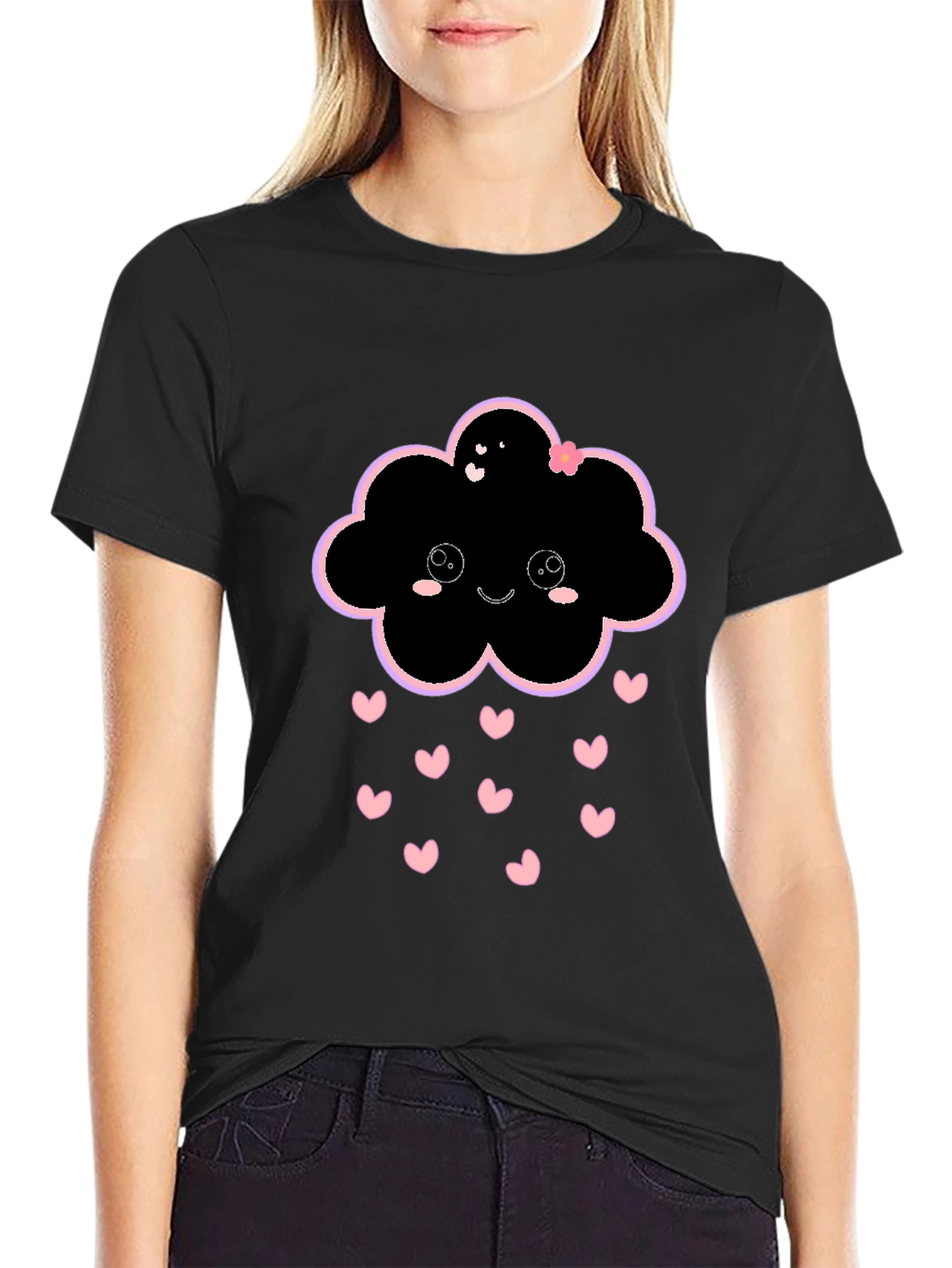 Kawaii Cloud Heart Rain Black T-Shirt