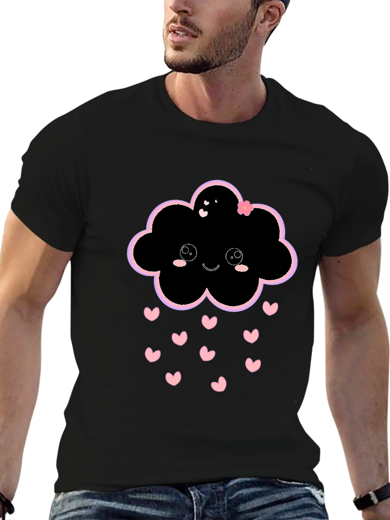 Kawaii Cloud Heart Rain Black T-Shirt