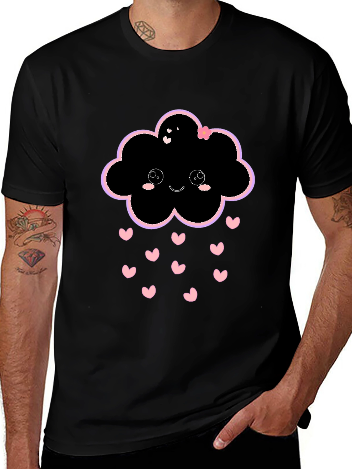 Kawaii Cloud Heart Rain Black T-Shirt