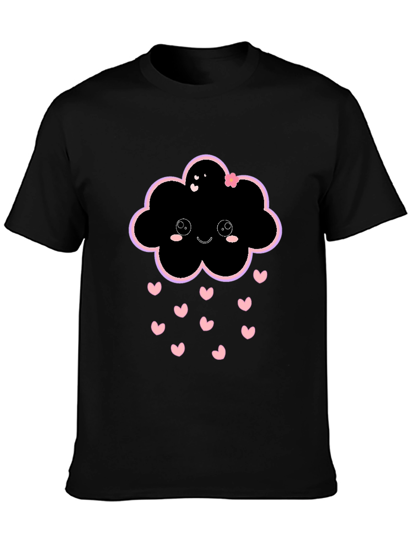Kawaii Cloud Heart Rain Black T-Shirt