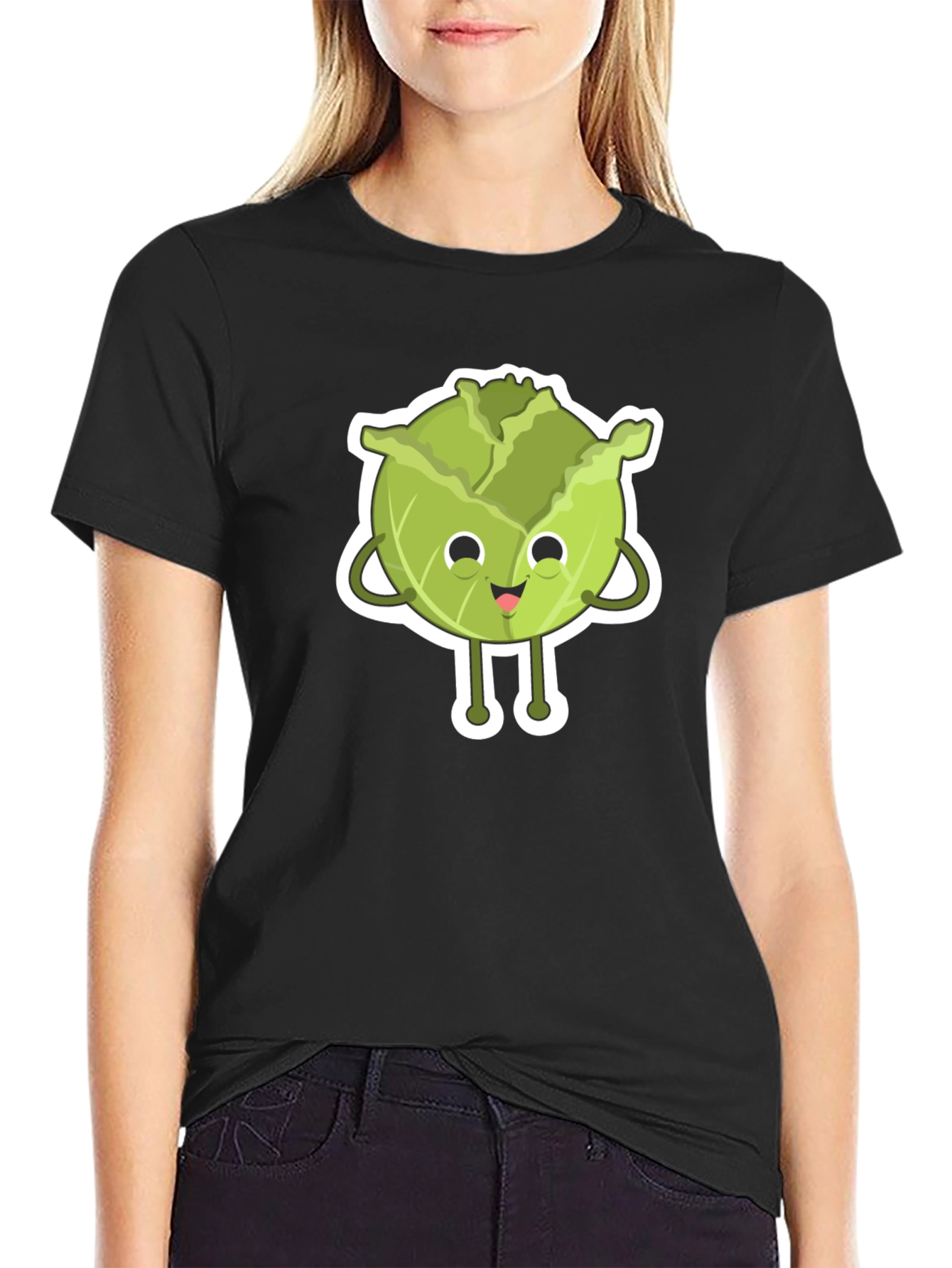 Cute Cabbage Cartoon Black T-Shirt