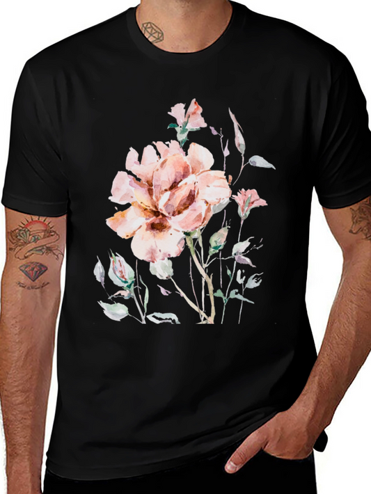 Floral Watercolor Print Black T-Shirt