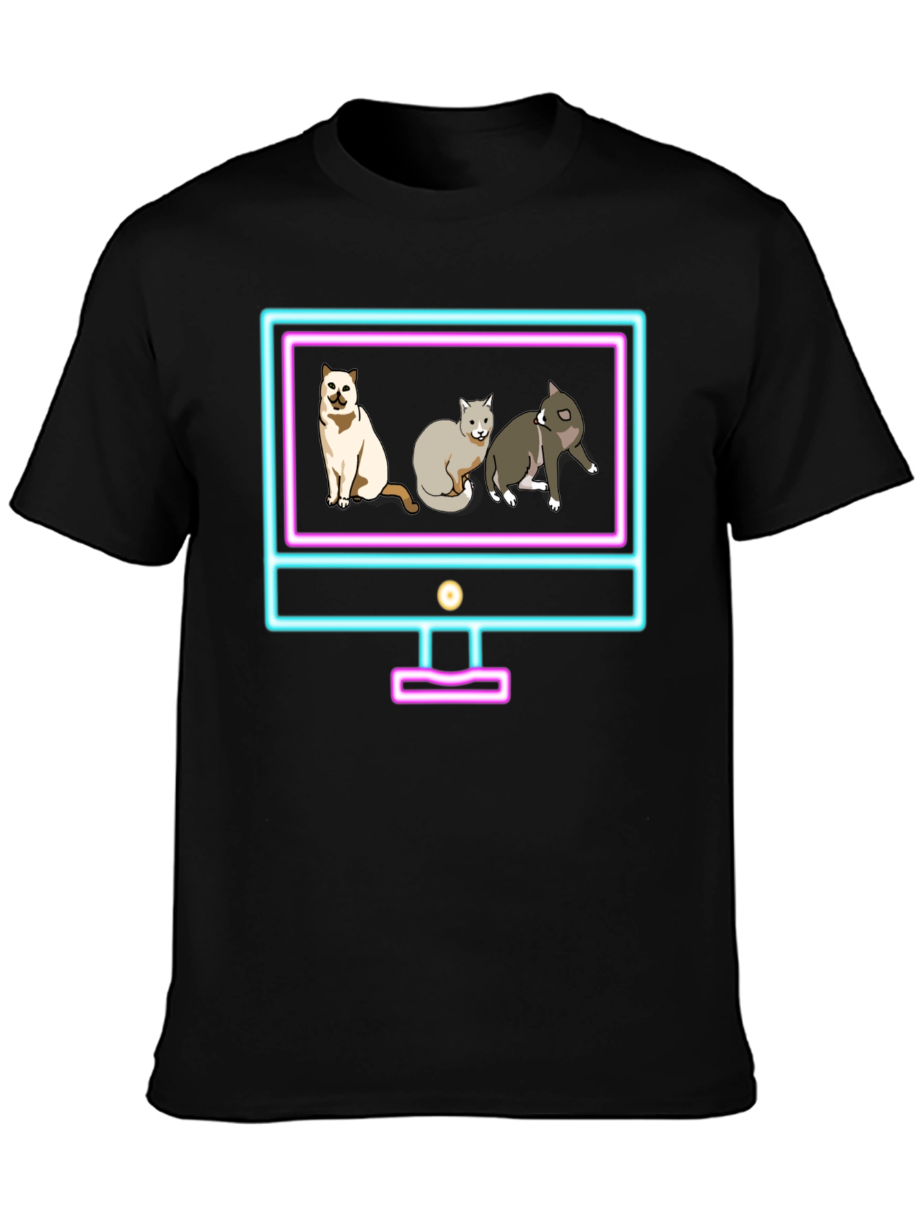 Cats on Neon TV Black T-Shirt