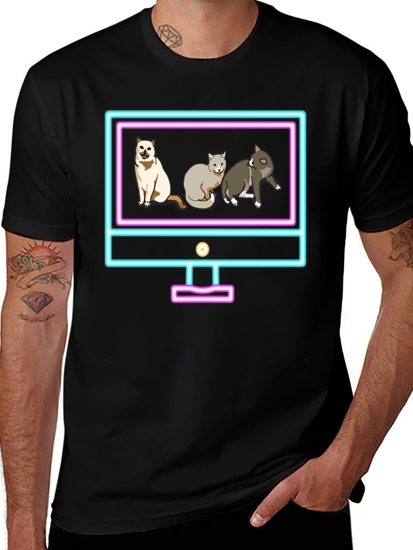 Cats on Neon TV Black T-Shirt