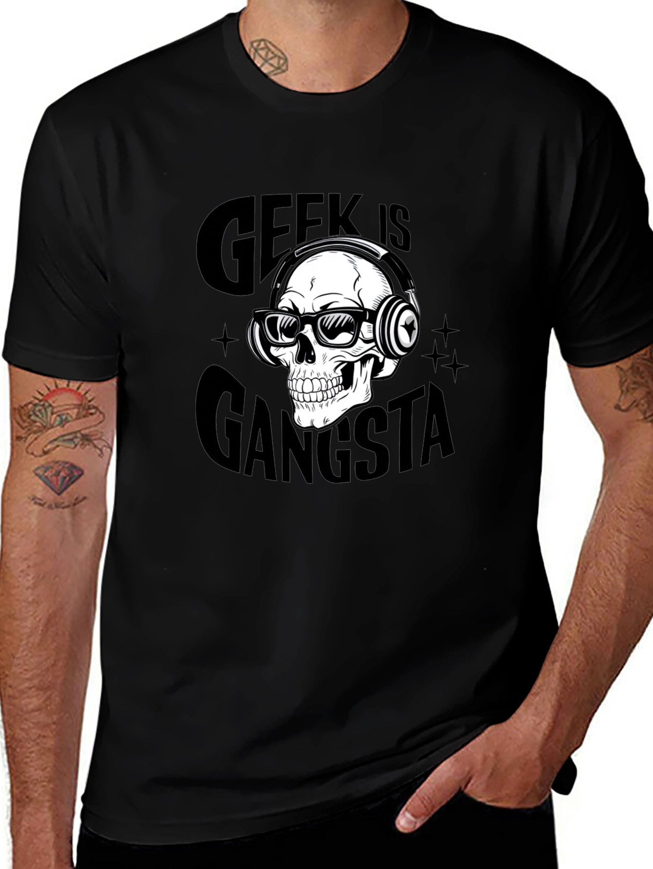 Geek is Gangsta Skull Graphic Black T-Shirt
