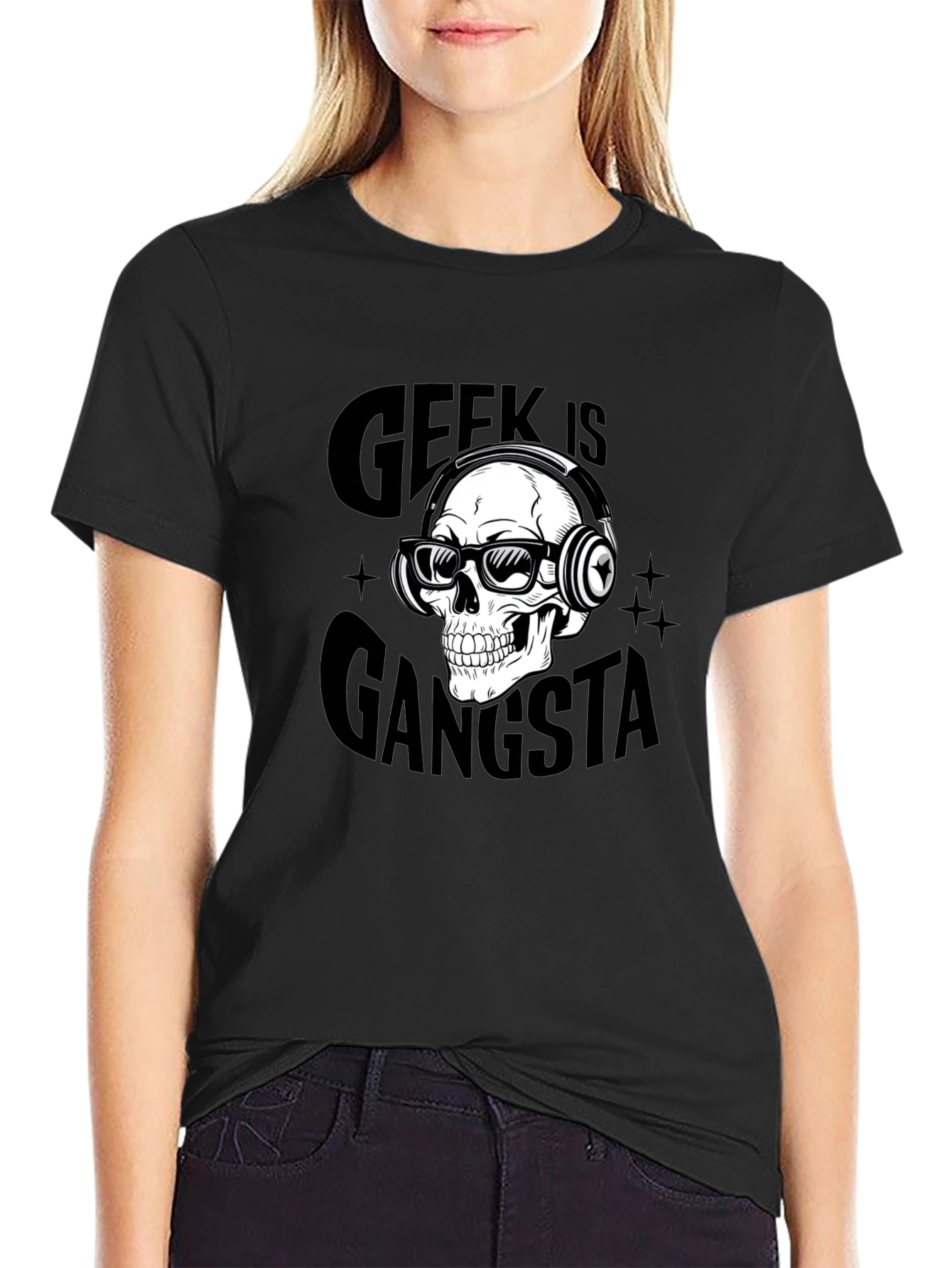 Geek is Gangsta Skull Graphic Black T-Shirt