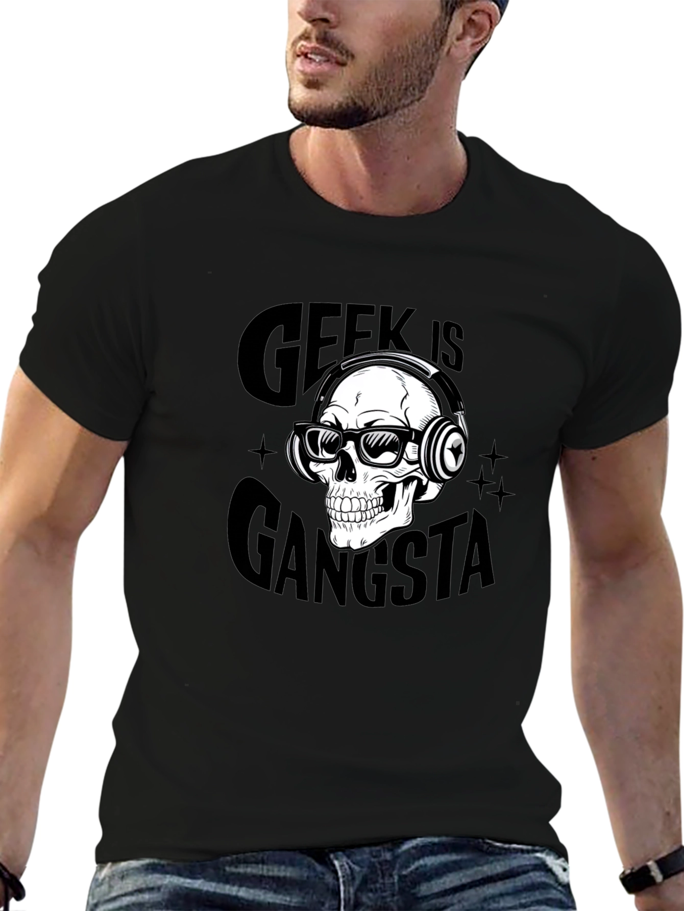 Geek is Gangsta Skull Graphic Black T-Shirt