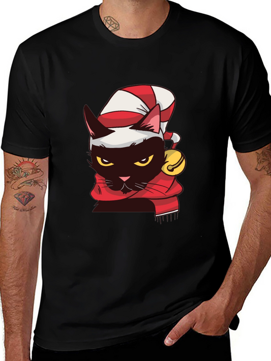 Festive Feline T-Shirt: Black Cat in Santa Hat