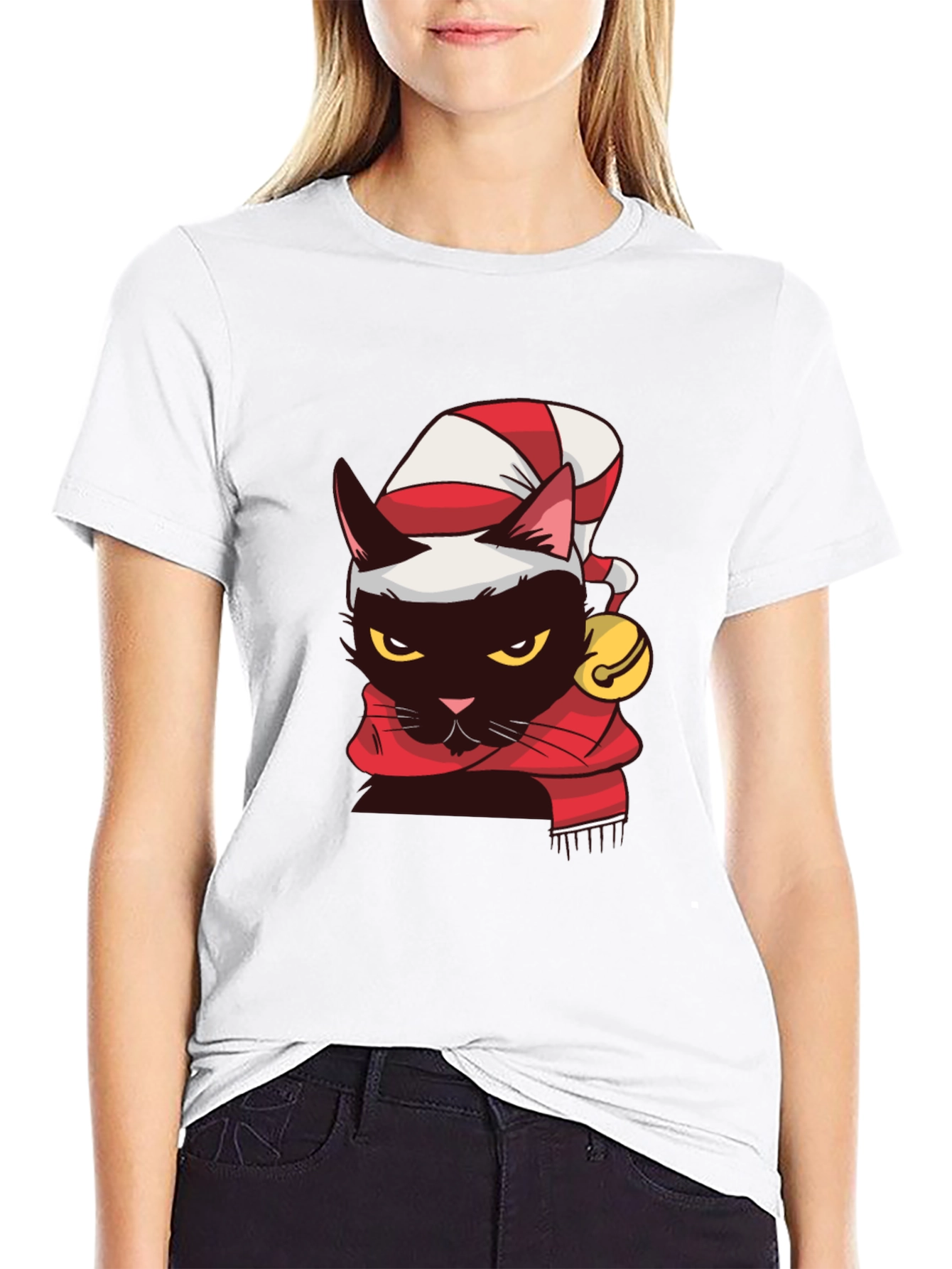 Festive Feline T-Shirt: Black Cat in Santa Hat