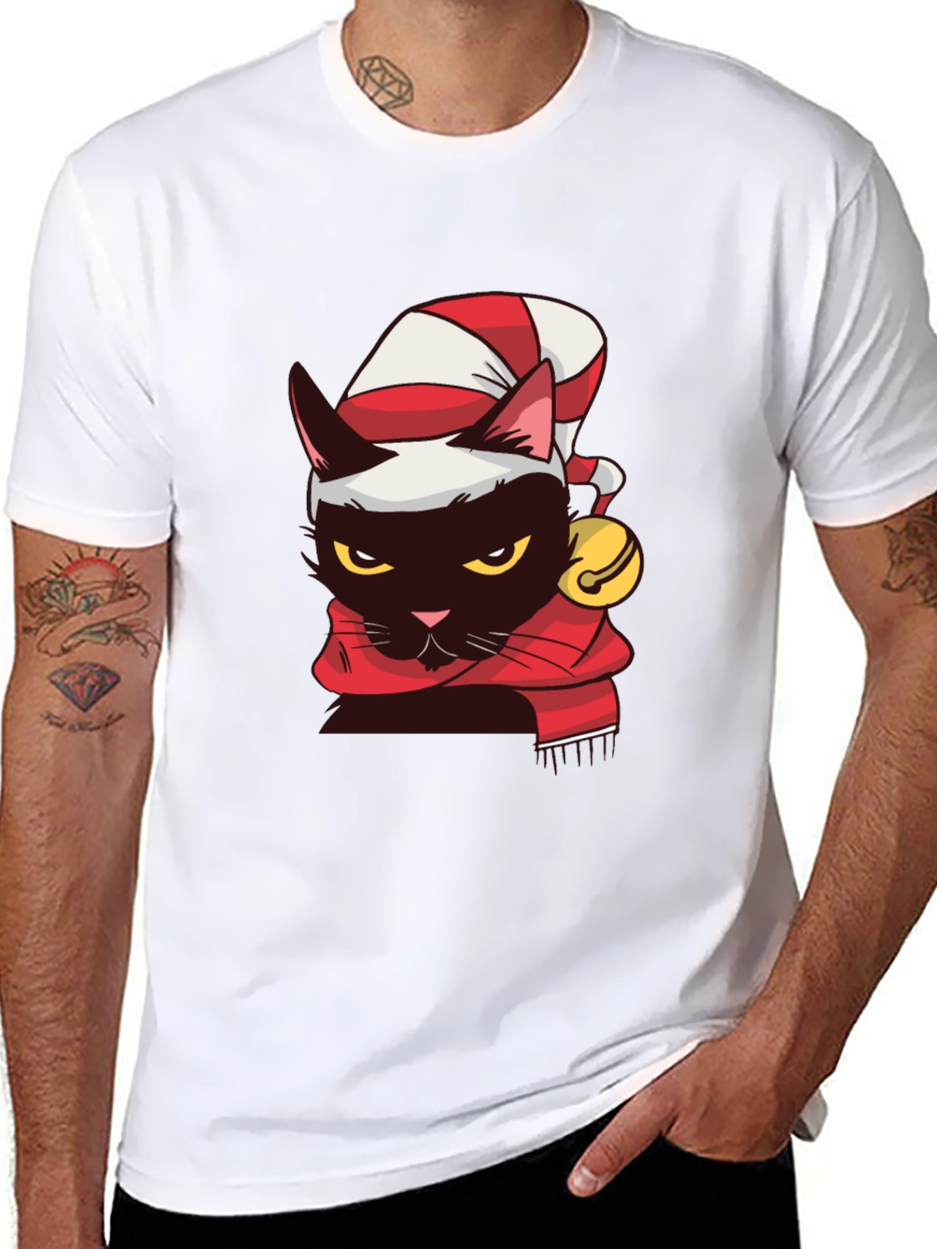 Festive Feline T-Shirt: Black Cat in Santa Hat