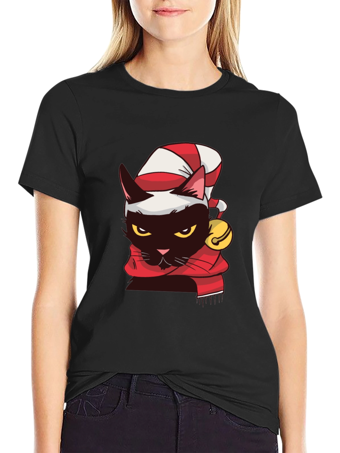Festive Feline T-Shirt: Black Cat in Santa Hat
