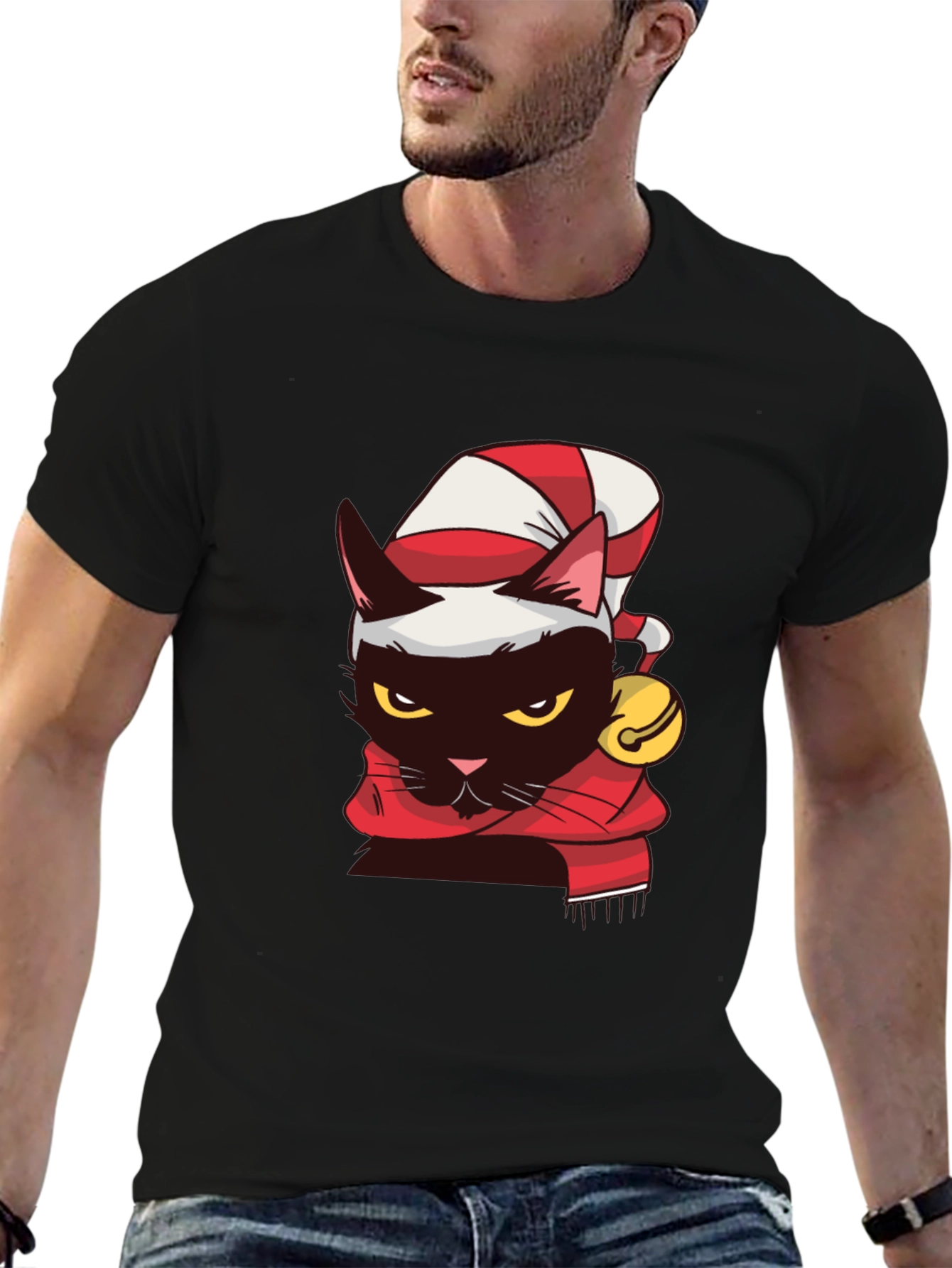 Festive Feline T-Shirt: Black Cat in Santa Hat