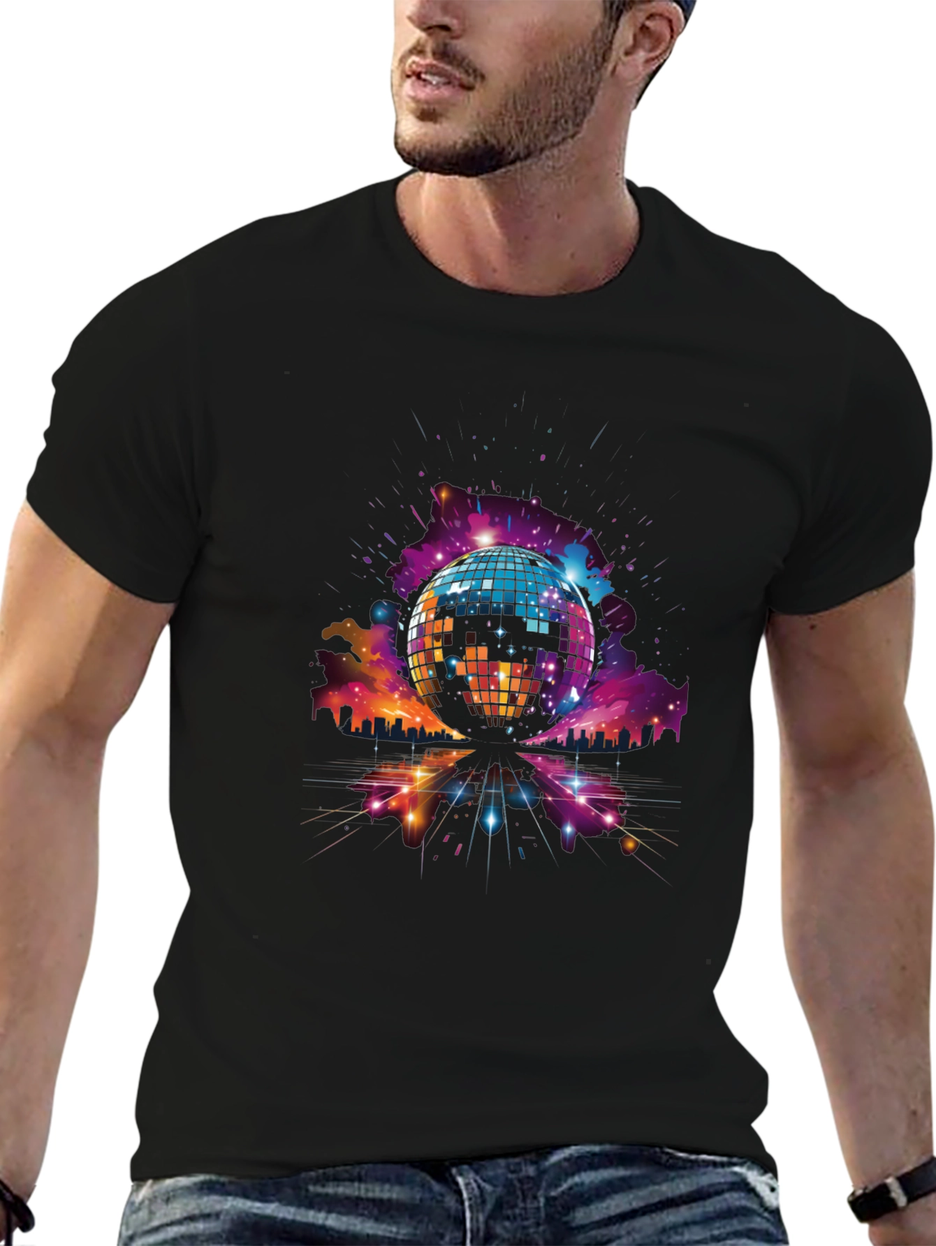 Retro Disco Ball Cityscape Graphic Tee