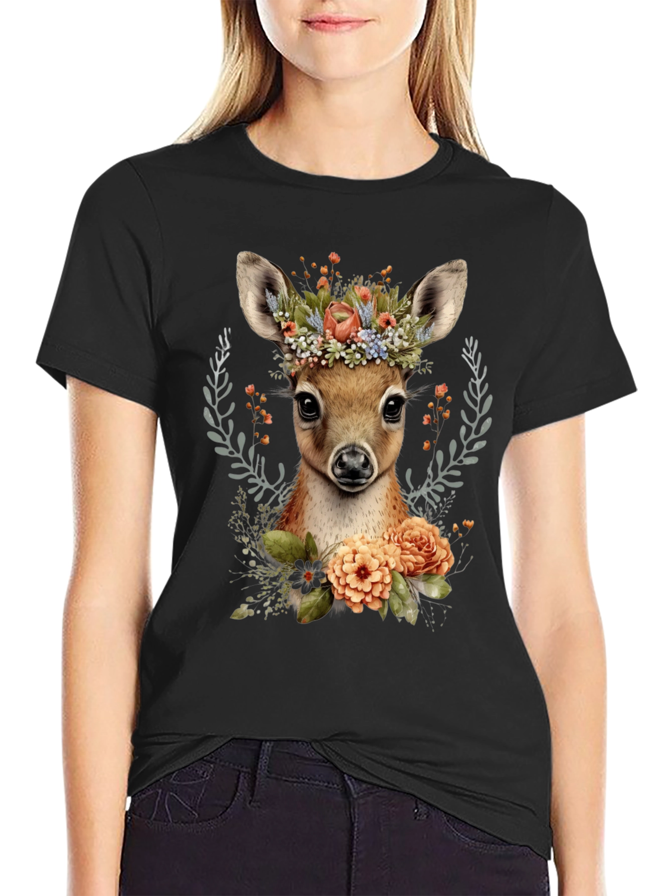 Floral Deer Graphic T-Shirt - Unisex