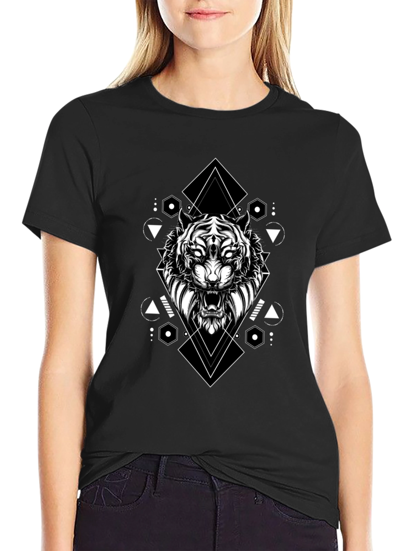 Geometric Tiger Graphic Tee - Black