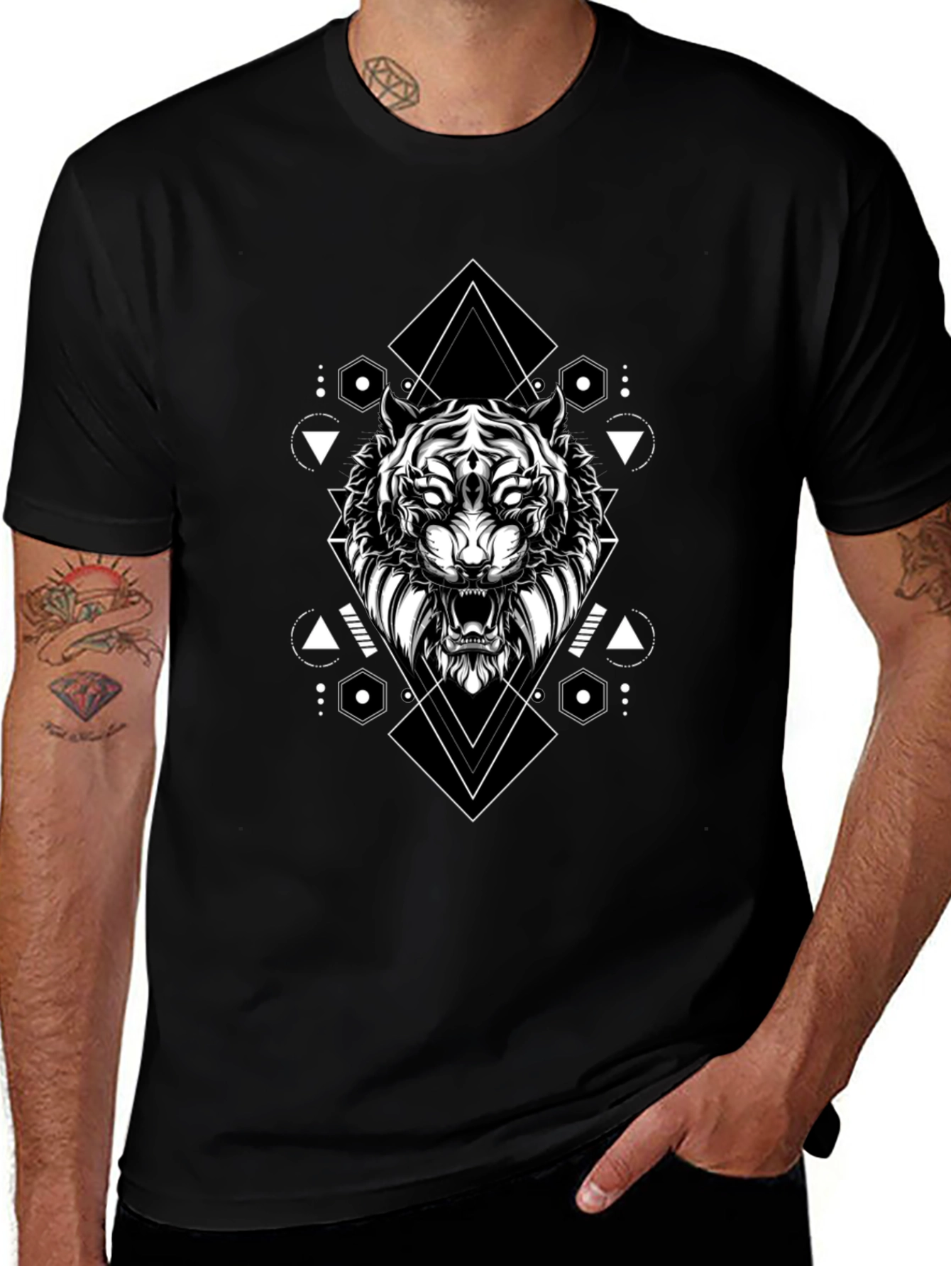 Geometric Tiger Graphic Tee - Black