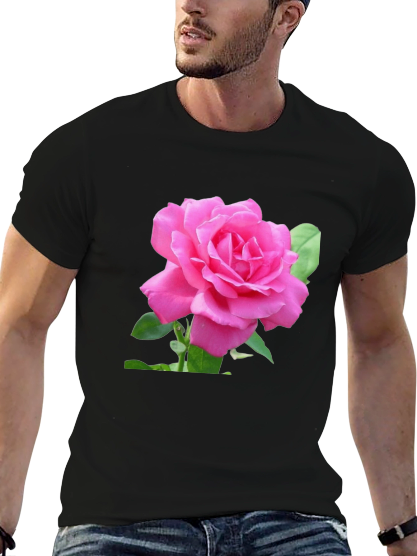 Pink Rose Graphic Black T-Shirt