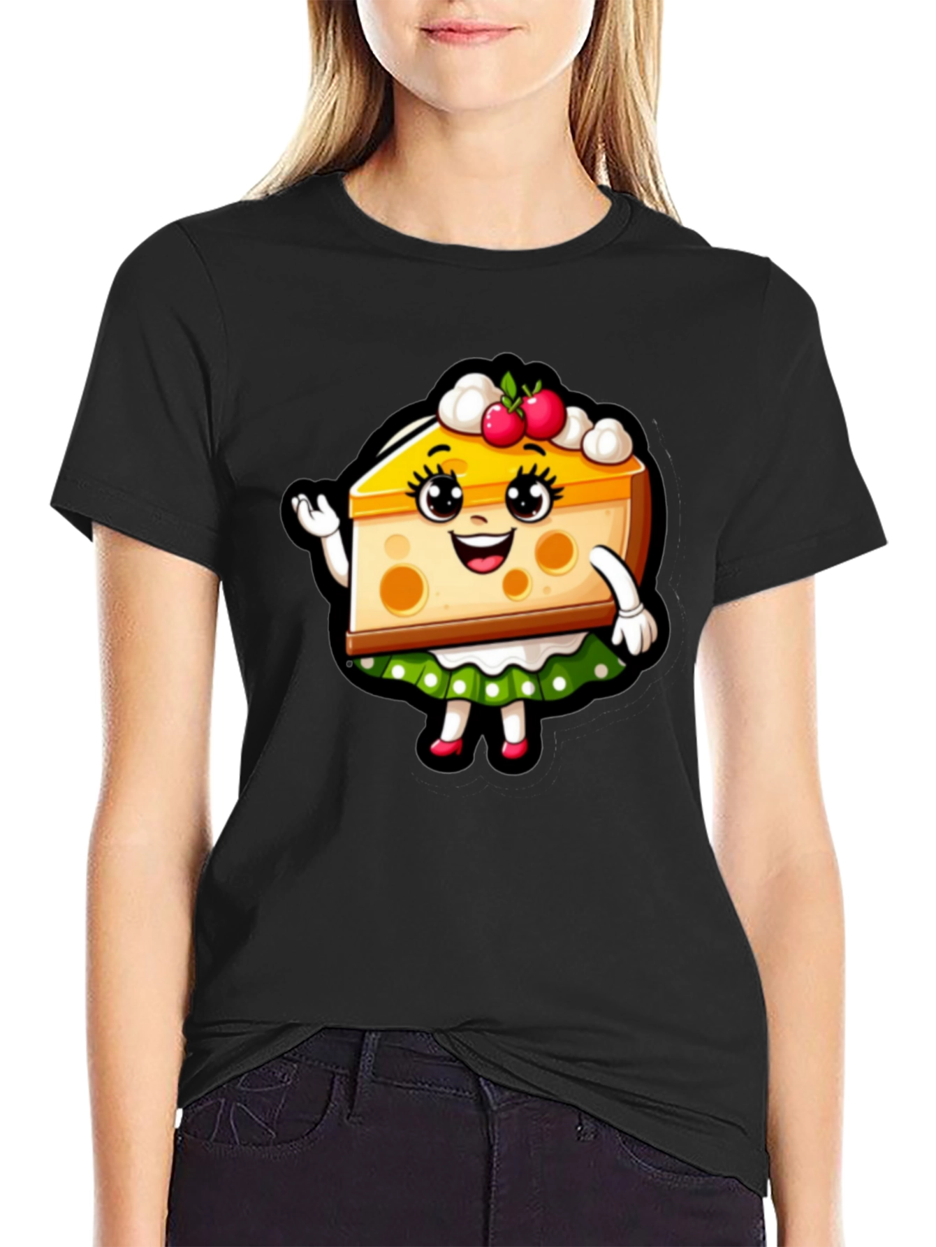 Cute Cheesecake Cartoon Graphic Black T-Shirt