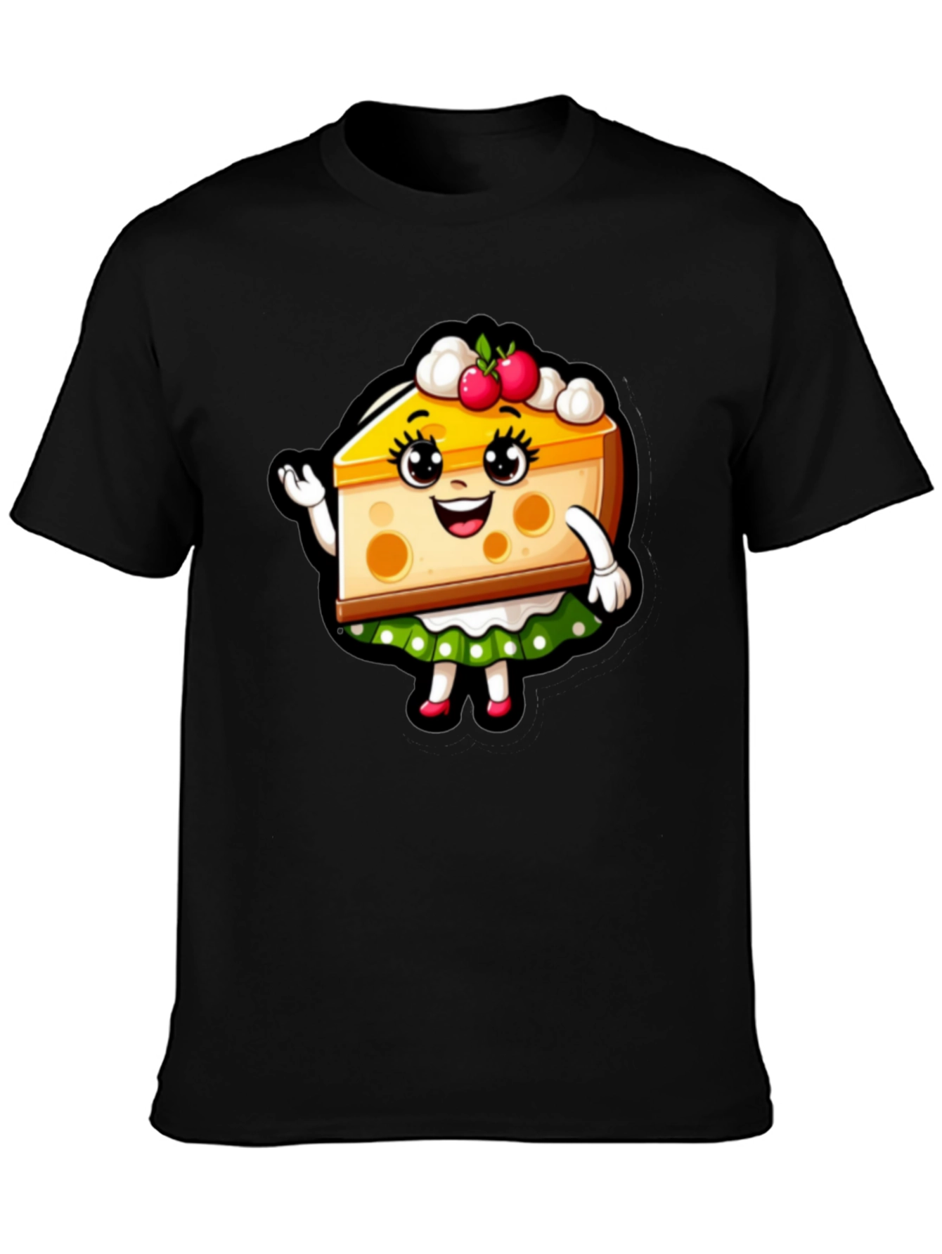 Cute Cheesecake Cartoon Graphic Black T-Shirt