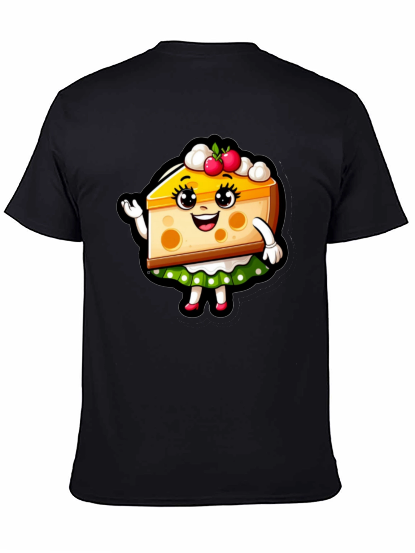 Cute Cheesecake Cartoon Graphic Black T-Shirt