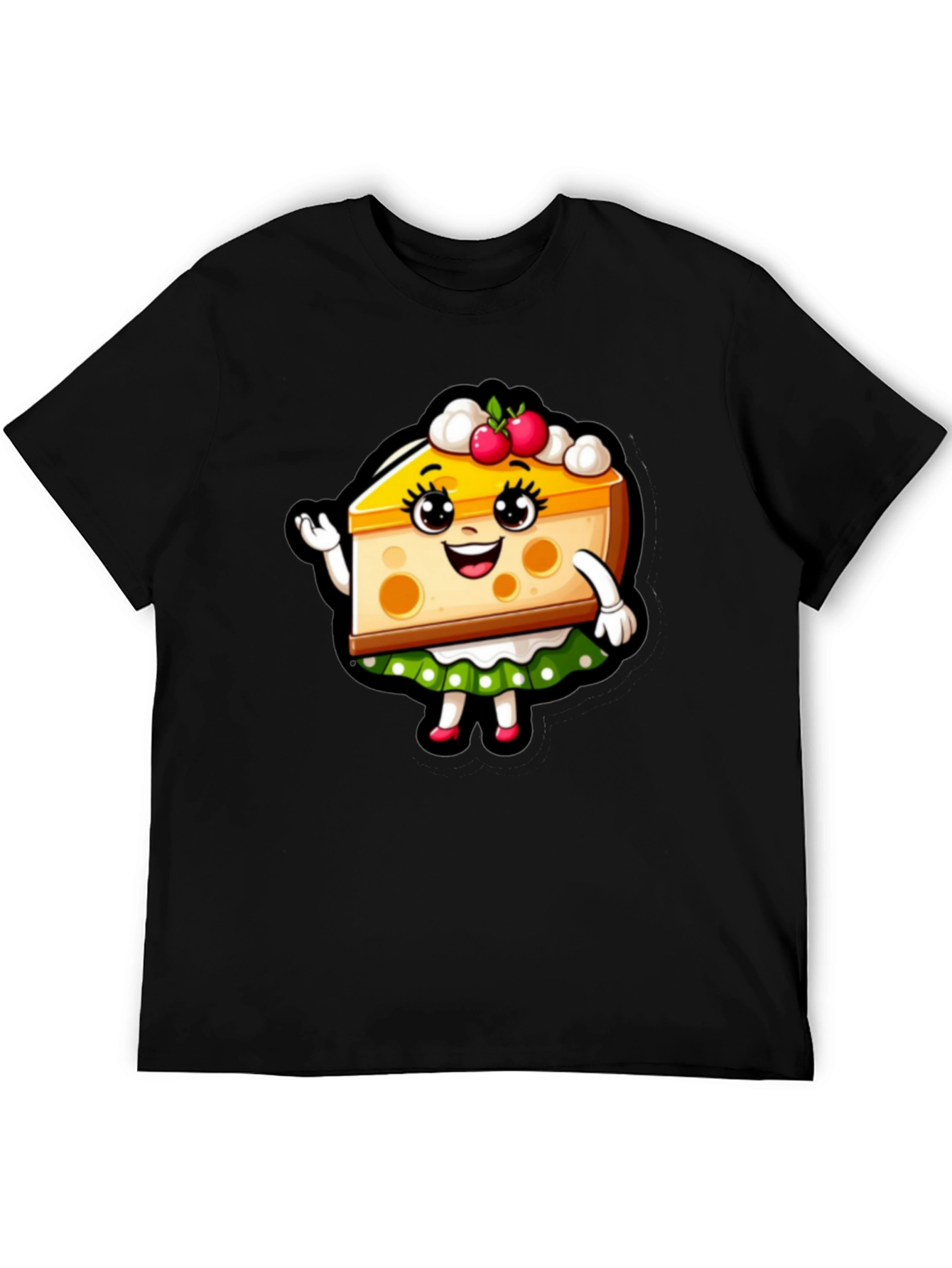 Cute Cheesecake Cartoon Graphic Black T-Shirt
