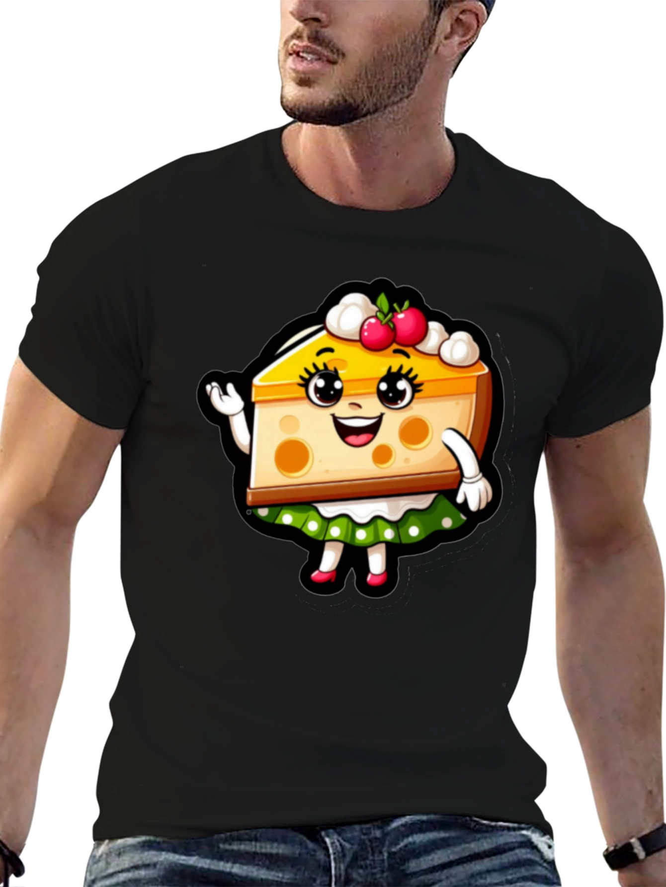 Cute Cheesecake Cartoon Graphic Black T-Shirt