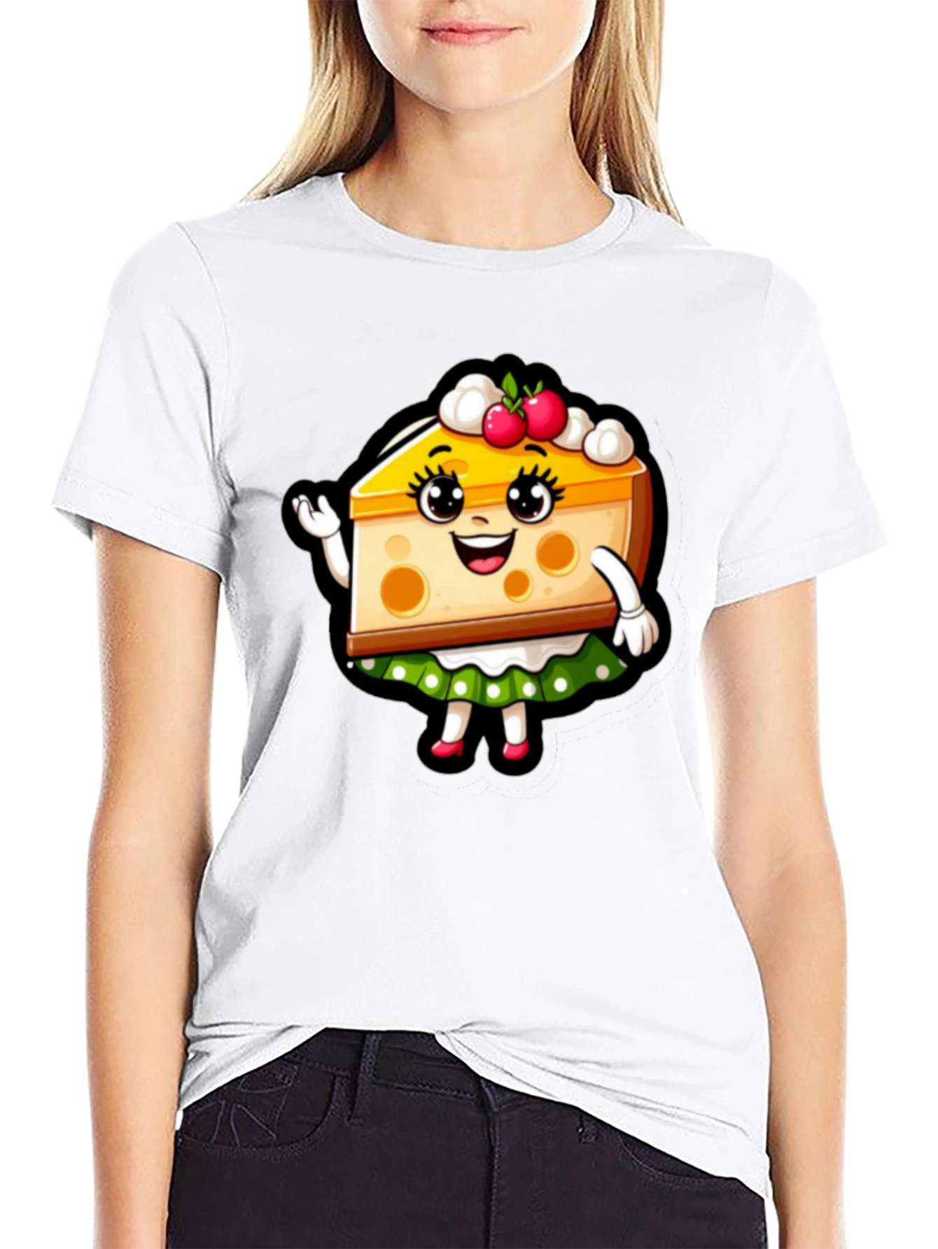 Cute Cheesecake Cartoon Graphic Black T-Shirt