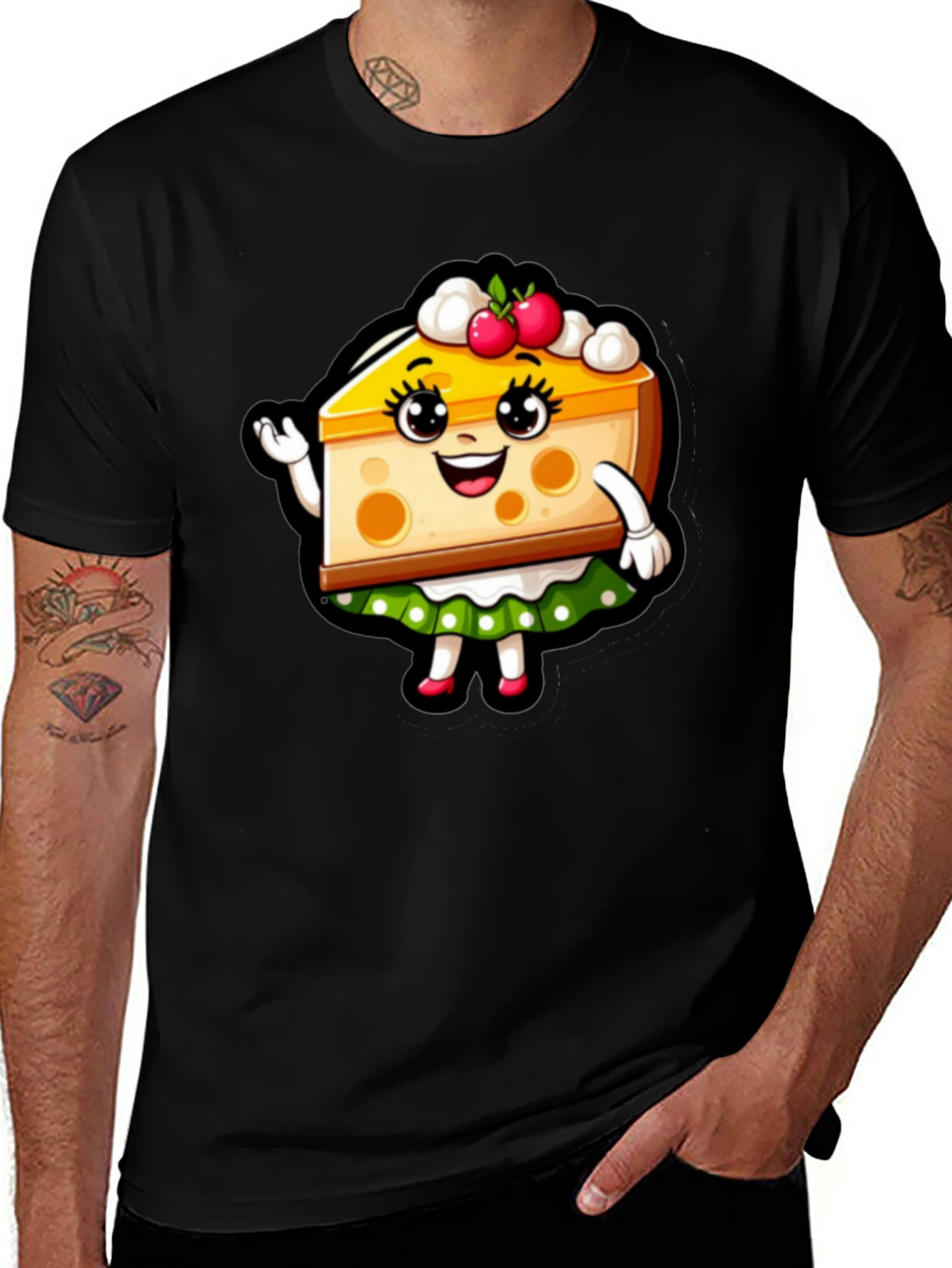 Cute Cheesecake Cartoon Graphic Black T-Shirt