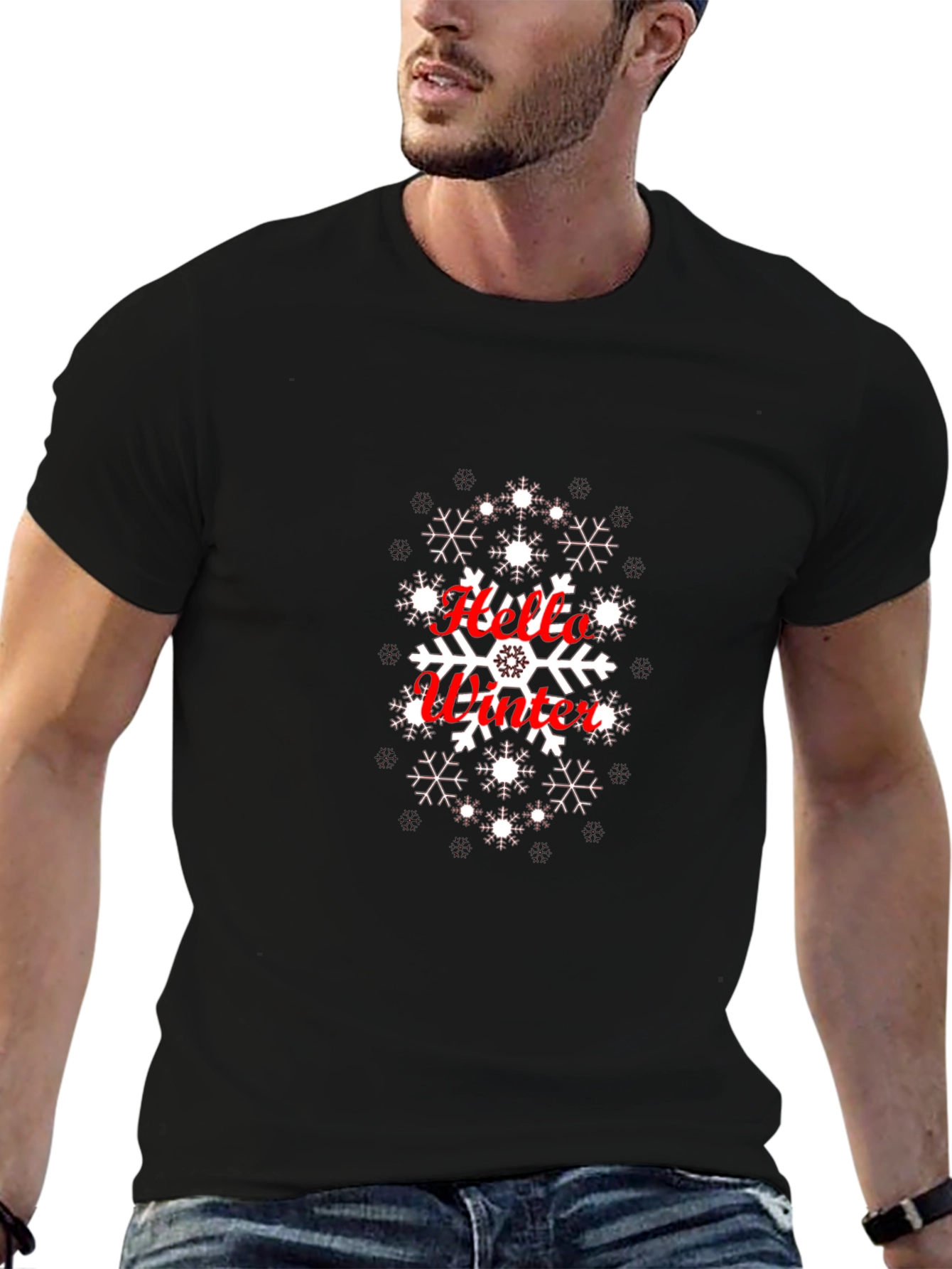 Hello Winter Snowflake Graphic Tee - Black