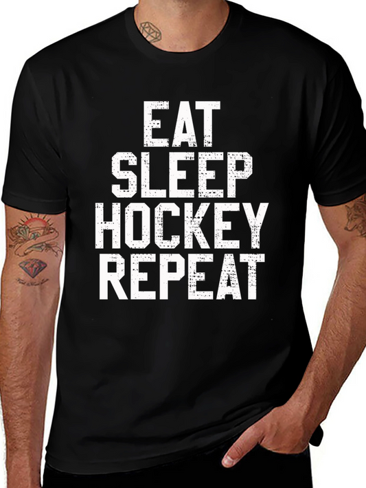 Eat Sleep Hockey Repeat Graphic Tee - Black Cotton T-Shirt