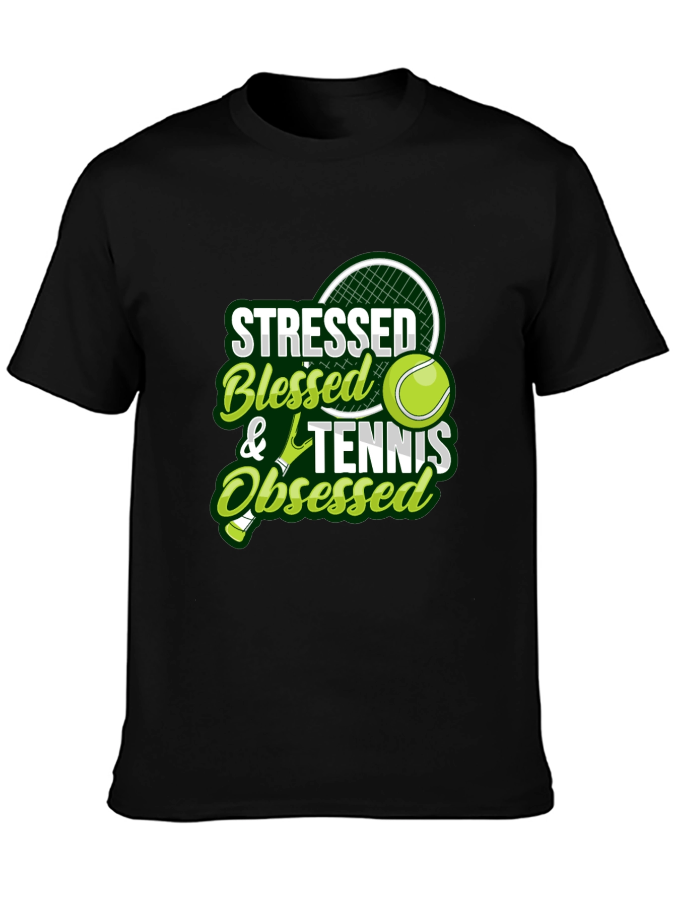 Stressed Blessed Tennis Obsessed Black T-Shirt