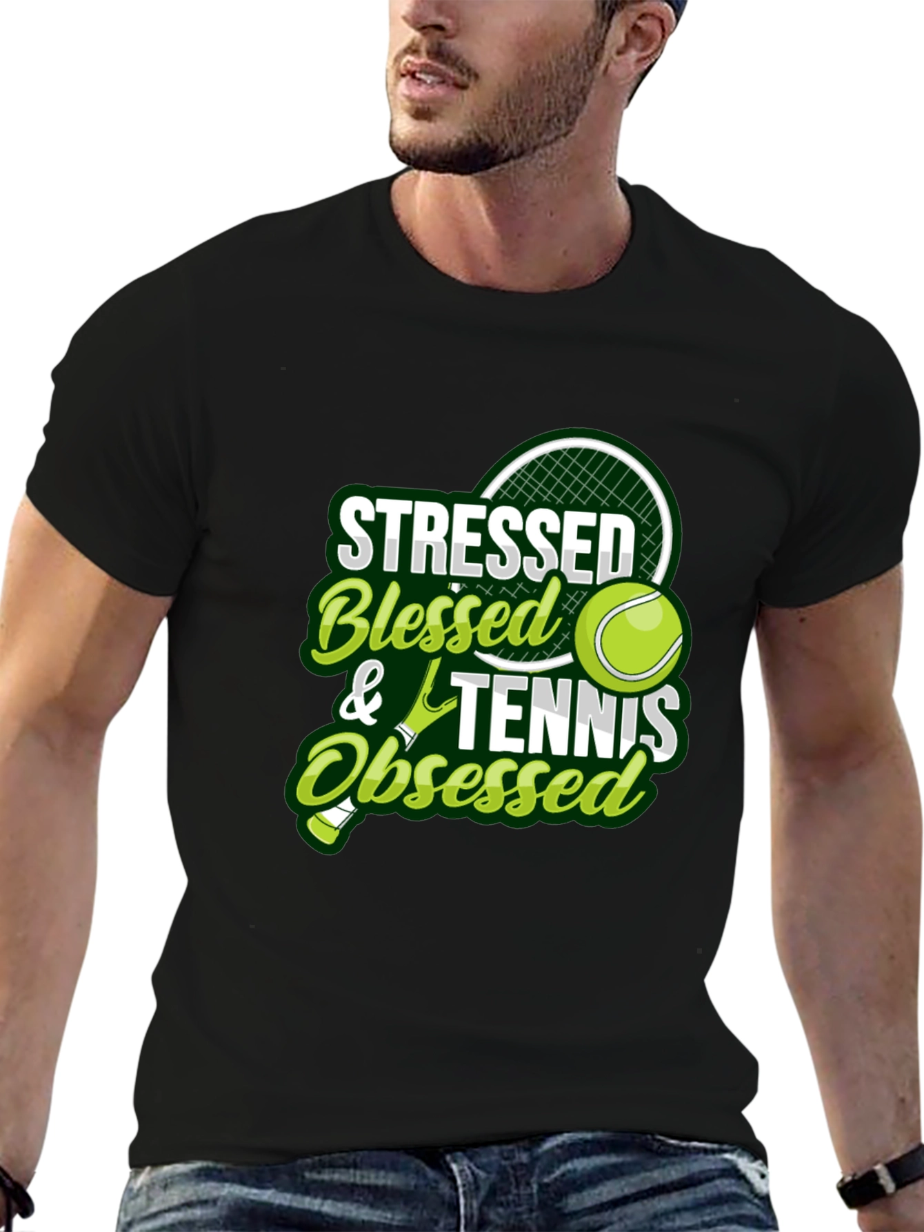 Stressed Blessed Tennis Obsessed Black T-Shirt