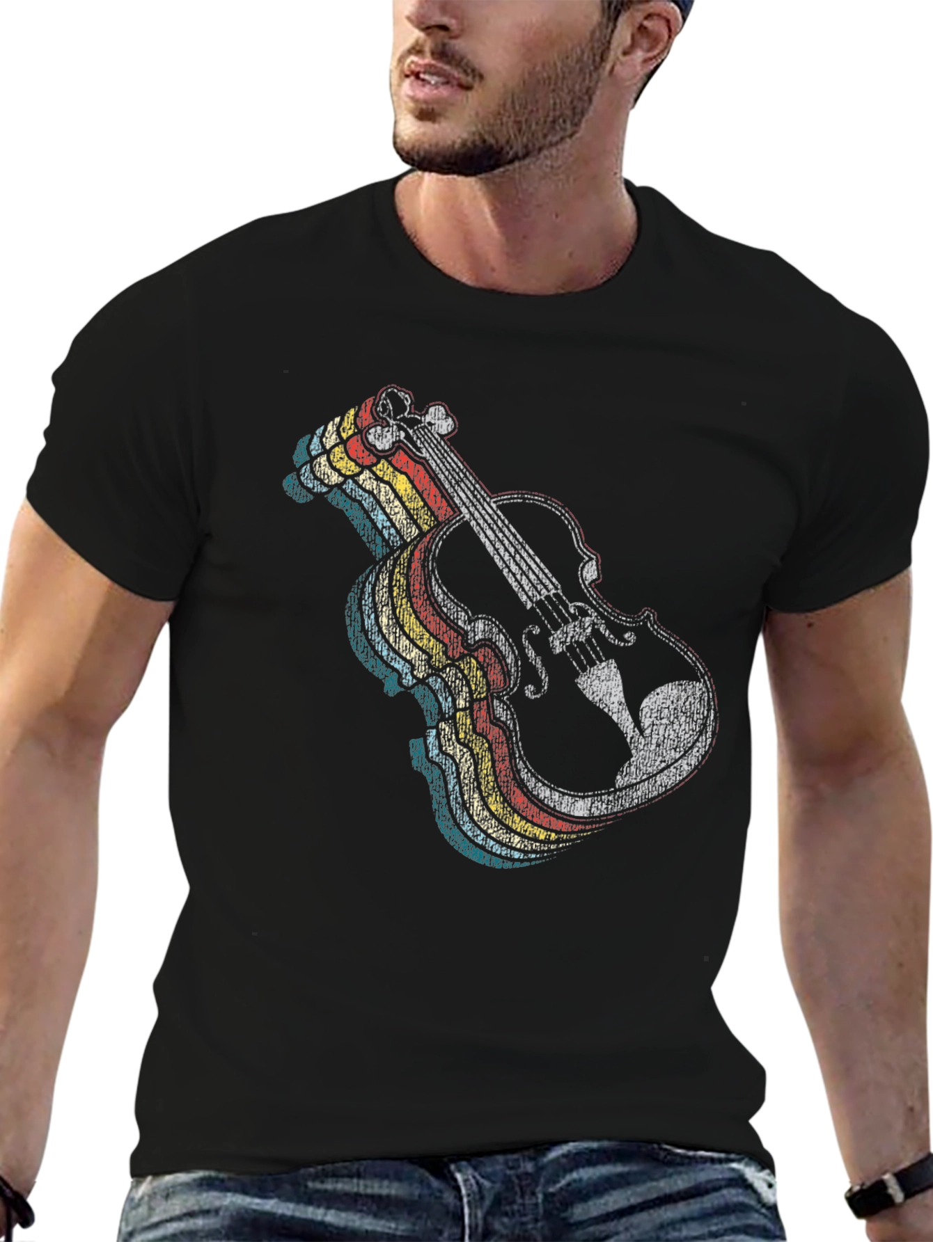 Retro Violin Graphic Tee - Music Lovers Black T-Shirt