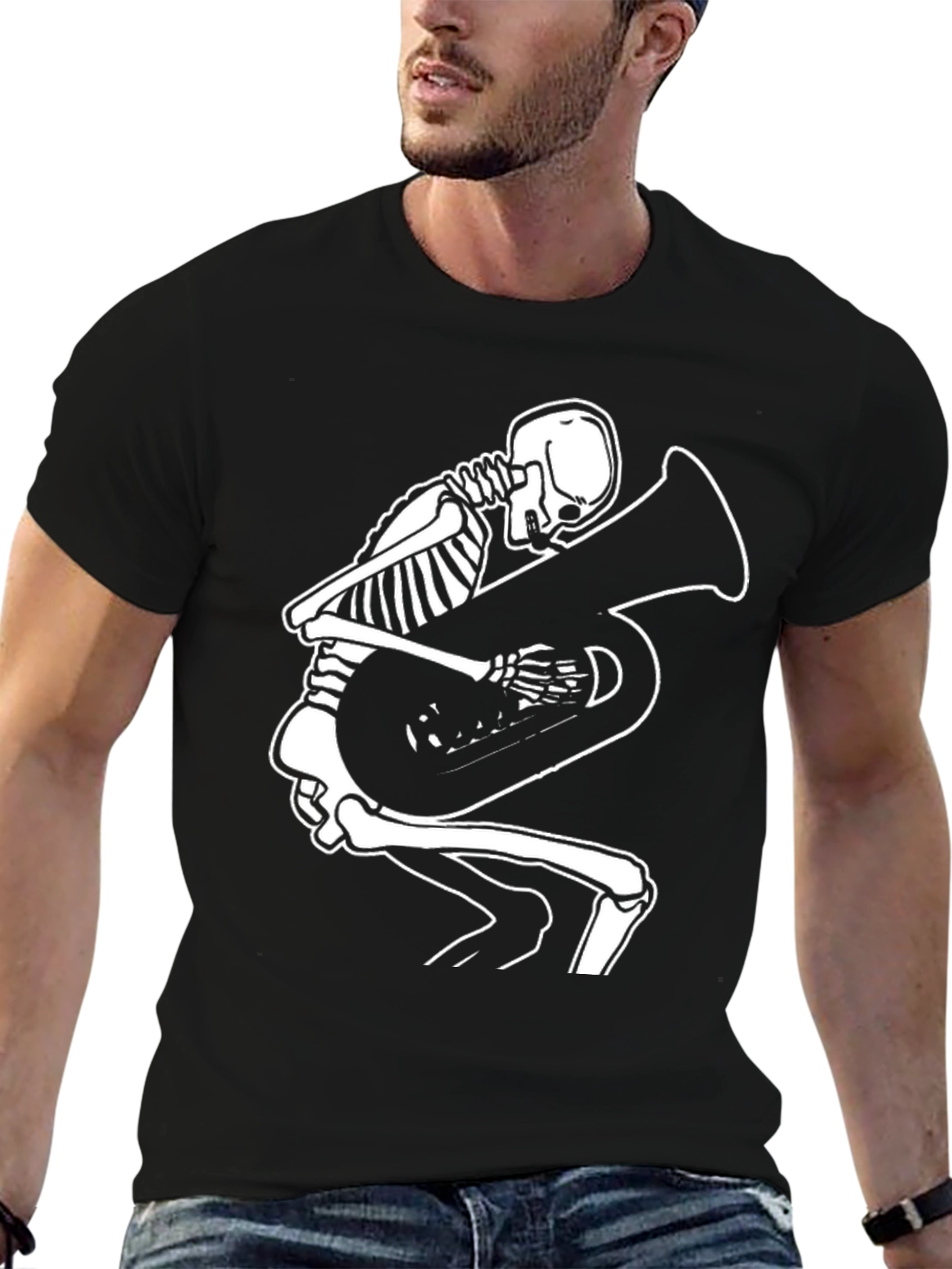 Skeleton Tuba Player Graphic Tee - Black