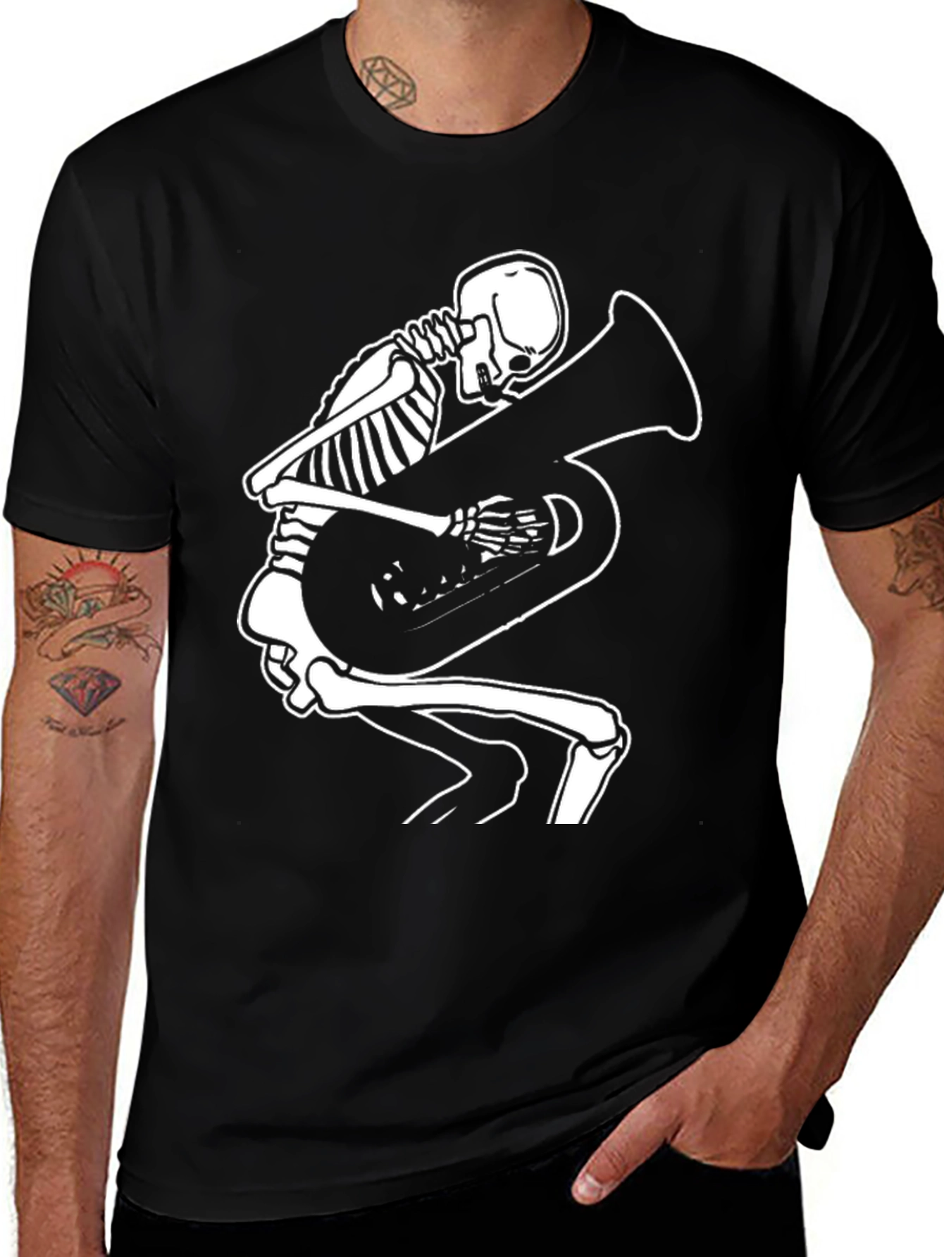 Skeleton Tuba Player Graphic Tee - Black