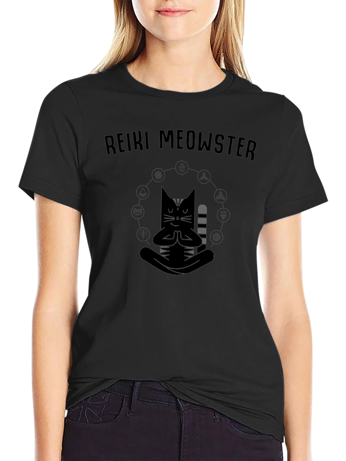 Reiki Meowster Black Graphic T-Shirt