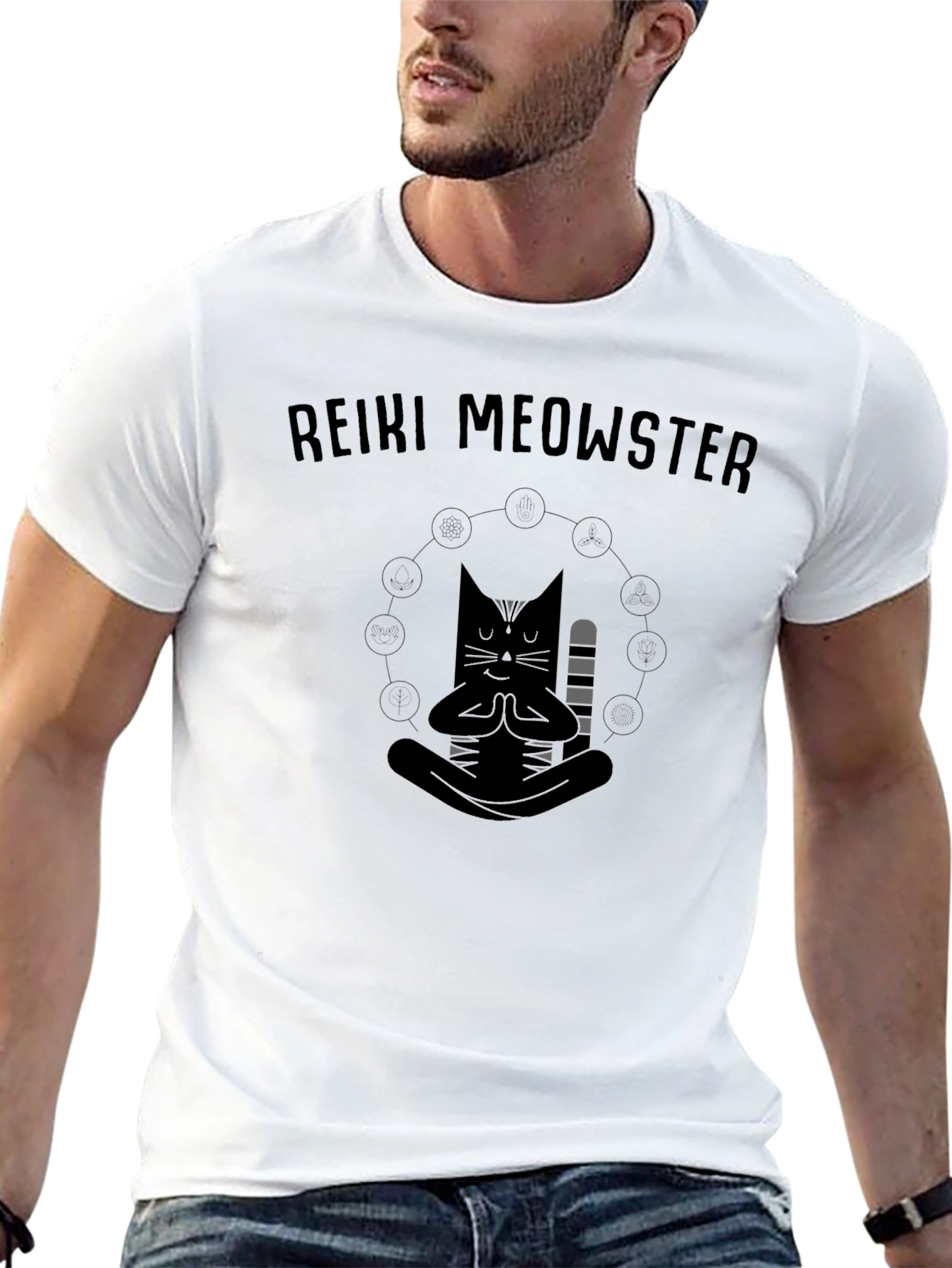 Reiki Meowster Black Graphic T-Shirt