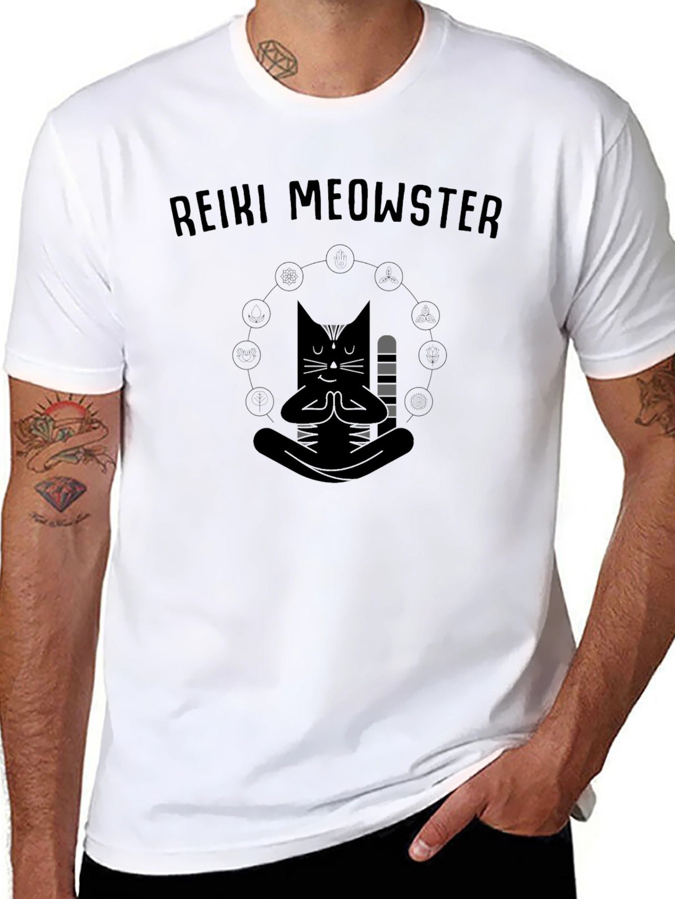 Reiki Meowster Black Graphic T-Shirt