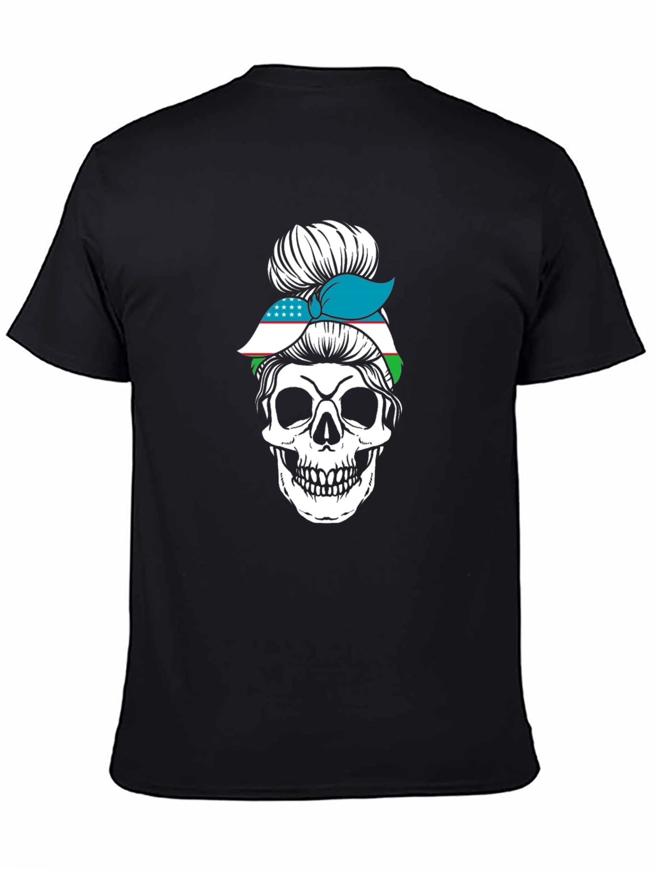 Skull Messy Bun Uzbekistan Flag T-Shirt