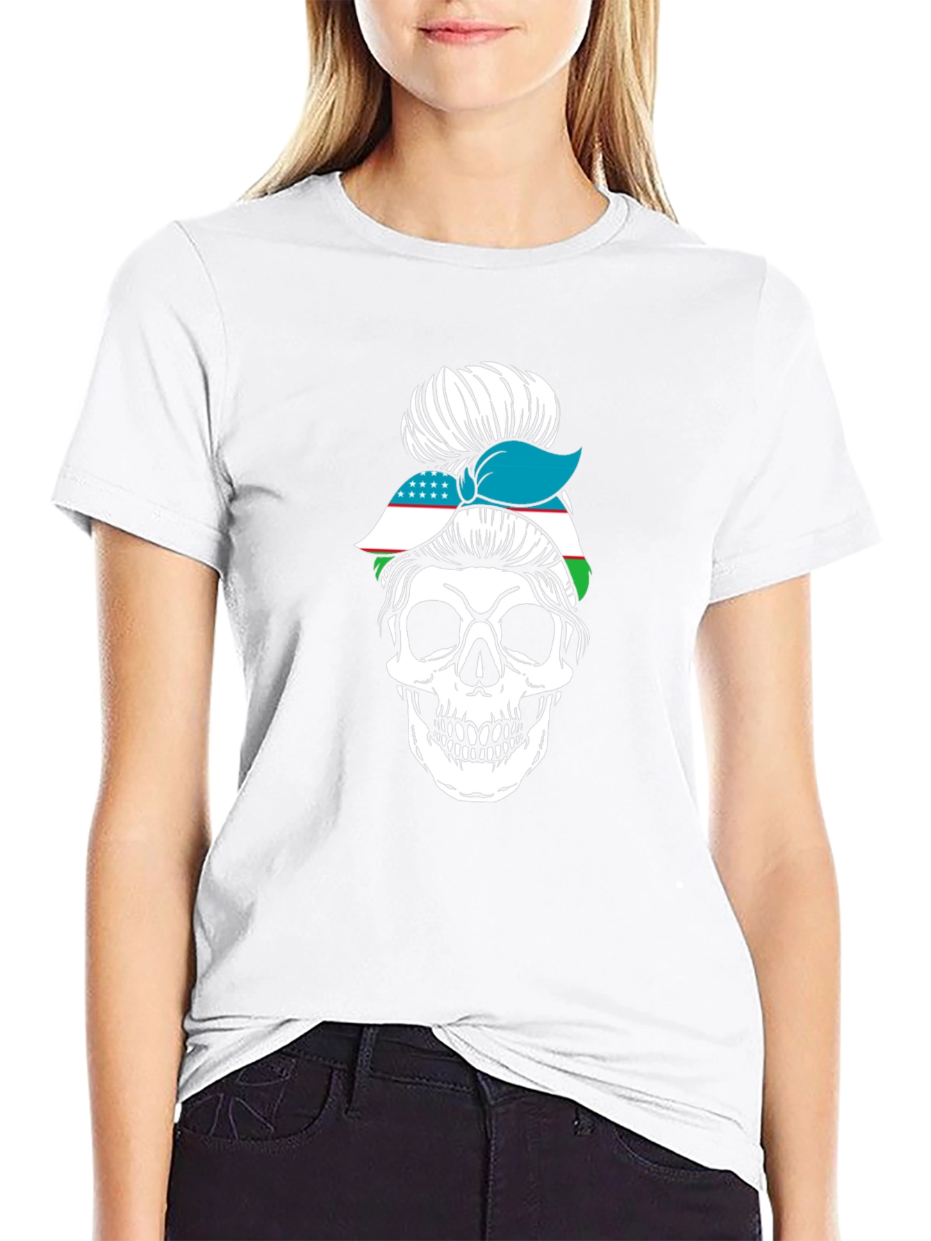 Skull Messy Bun Uzbekistan Flag T-Shirt