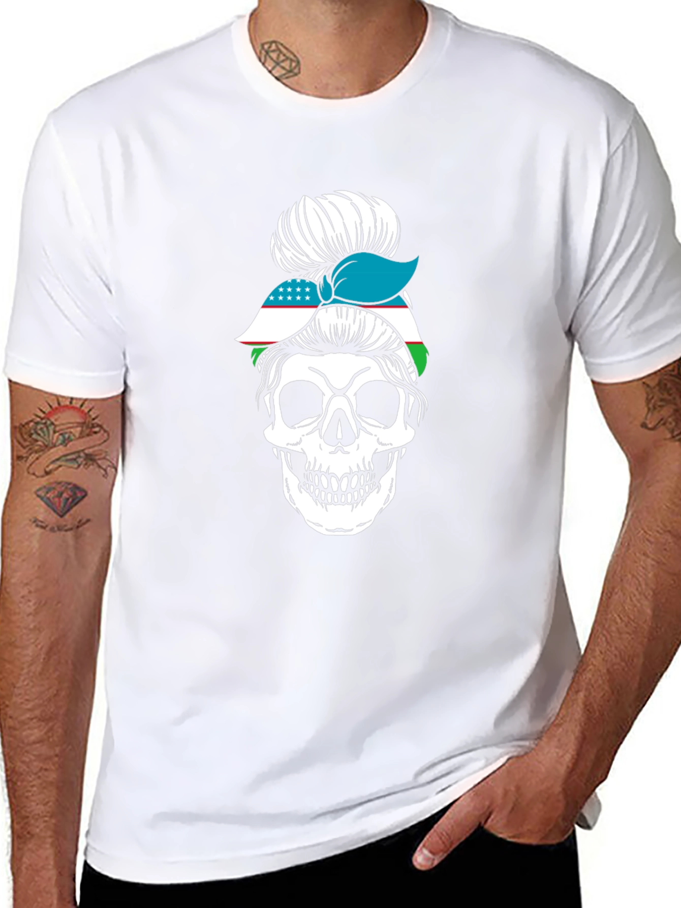 Skull Messy Bun Uzbekistan Flag T-Shirt