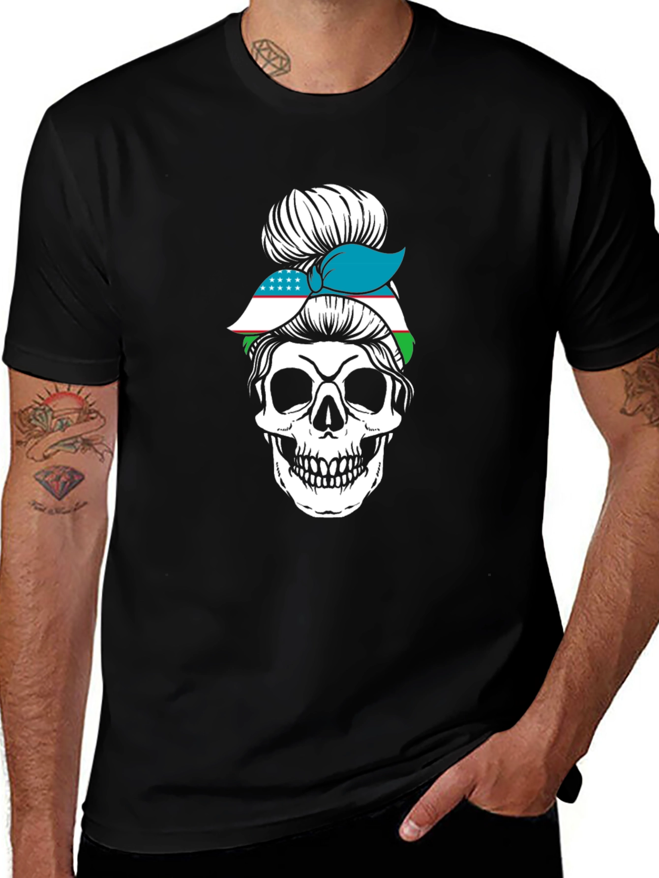 Skull Messy Bun Uzbekistan Flag T-Shirt