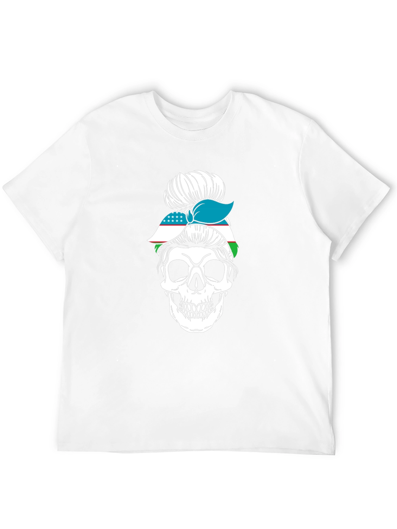 Skull Messy Bun Uzbekistan Flag T-Shirt