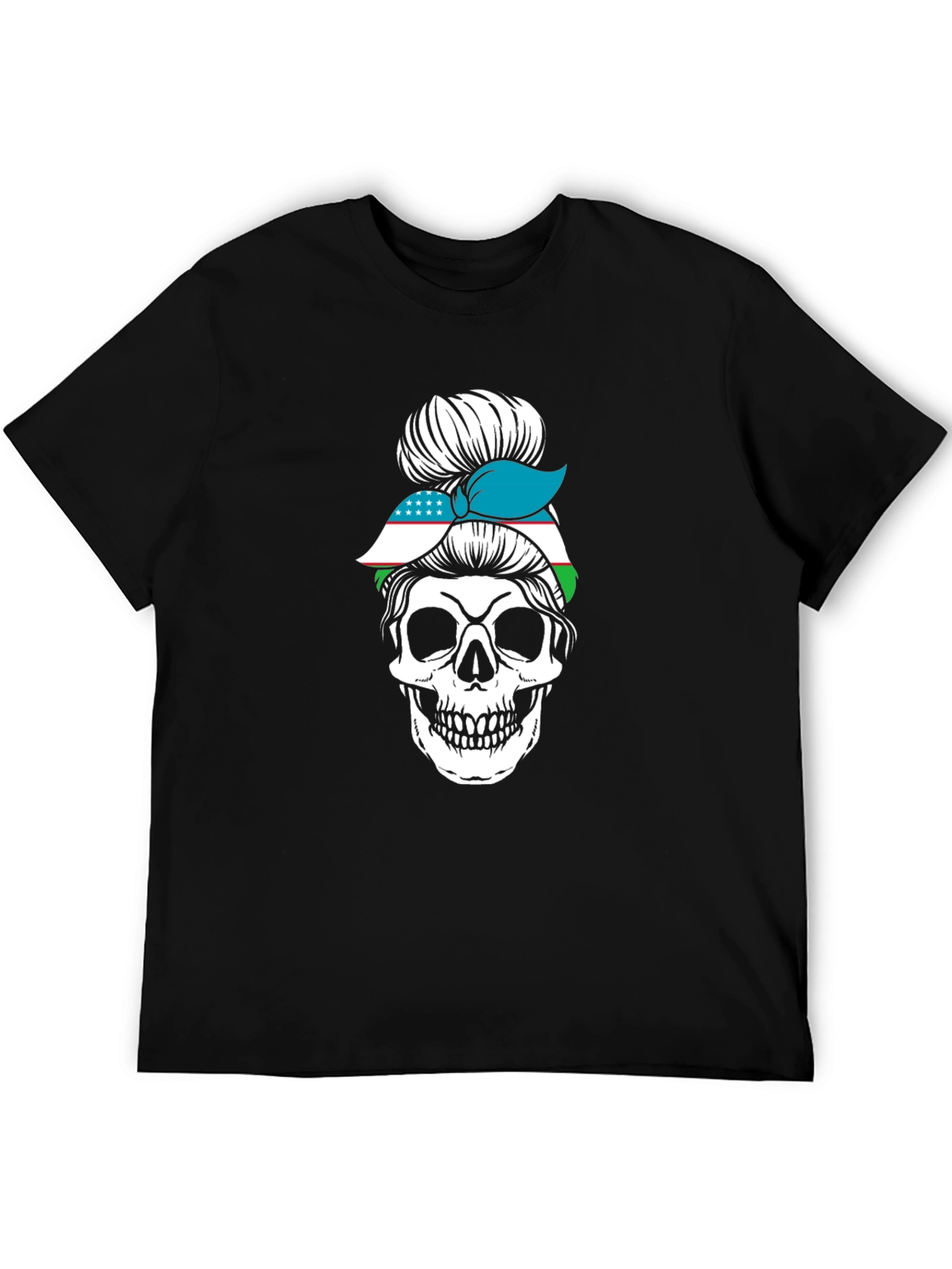 Skull Messy Bun Uzbekistan Flag T-Shirt