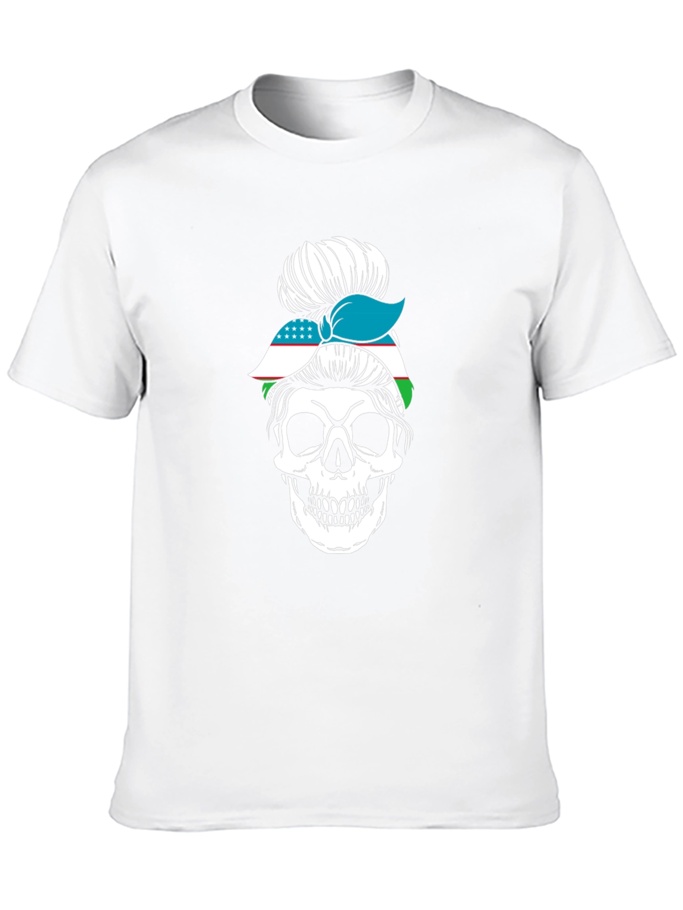 Skull Messy Bun Uzbekistan Flag T-Shirt